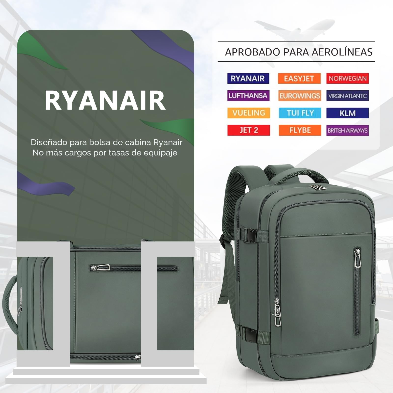OTAHGK Mochila de Viaje Cabina Avion 40 x 20 x 25 para Ryanair Equipaje de Mano Maletas de Cabina Bolsa de Viaje para Portátil de 14 Pulgadas con Orificio de Carga USB y Bolsillo Antirrobo