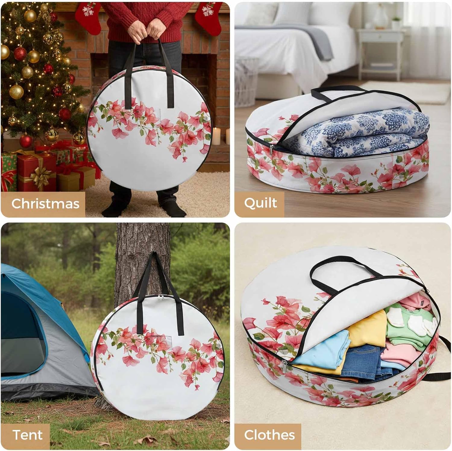 Spring Flower Round Storage Bag 36 Inch, Vintage Red Floral Plant Vine Botanical Watercolor Clothes Storage Container with Handles Heavy Duty Organizer for Comforter, Bedding & Holiday Wreaths