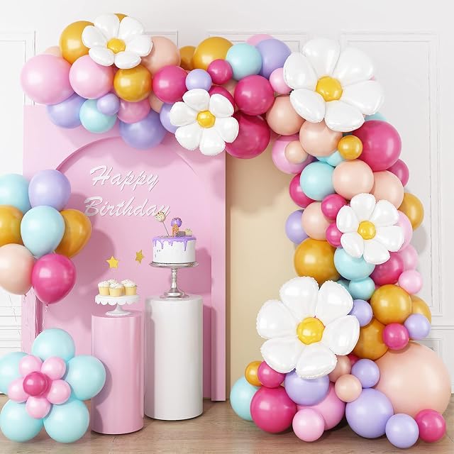 Pastel Balloon Arch Kit, Daisy Balloon Arch Garland with Macaron Pink Blue Purple Yellow Orange Rainbow Latex Balloons Daisy Flower Foil Balloons for Girls Women Birthday Pastel Party Decorations