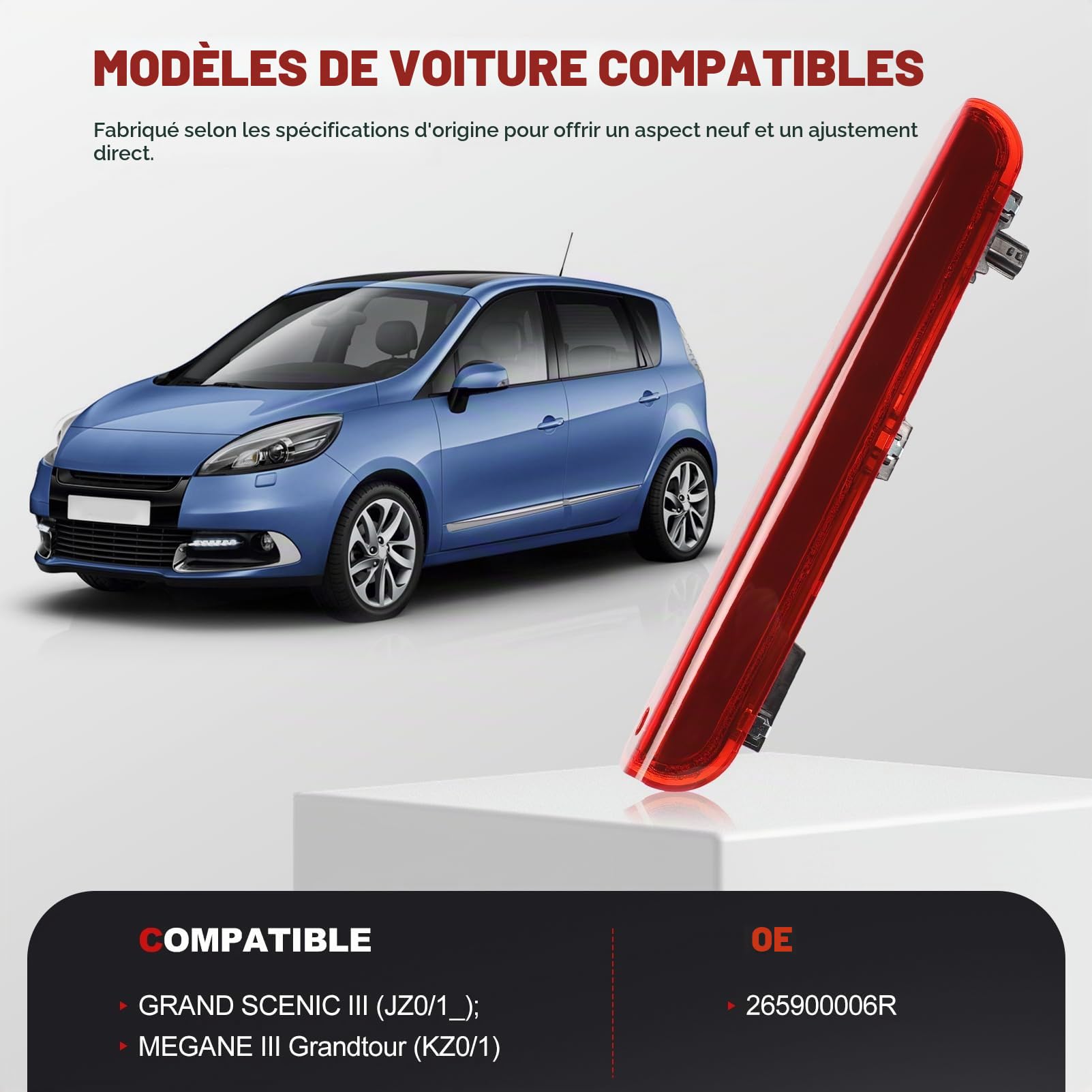 Troisième feu stop surélevé 265900006R pour Megane MK3 Hatchback 2008-2016, feu stop arrière surélevé