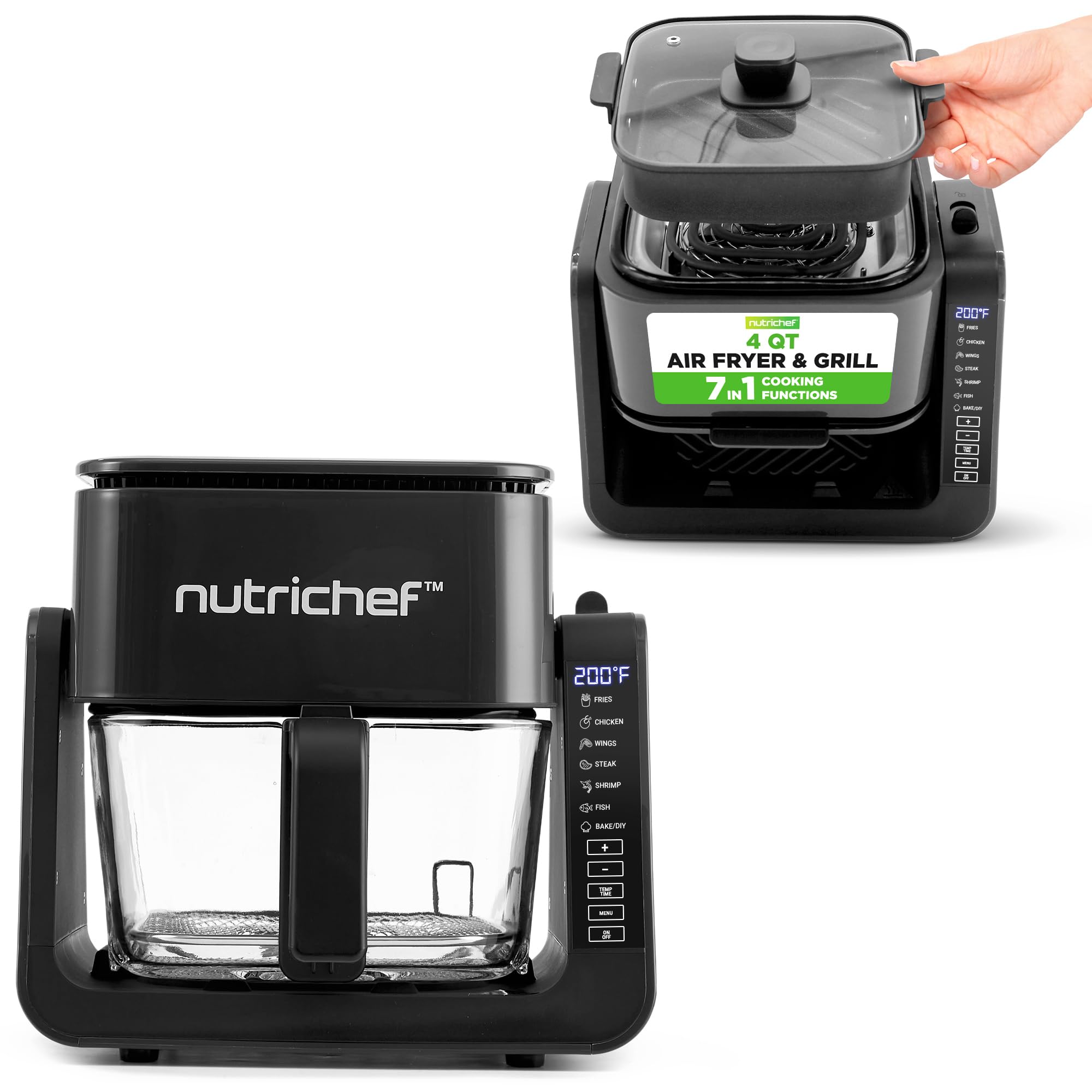 NutriChef 4 QT Air Fryer & Grill | 7-1 Preset Cook Modes | Transparent Fry Bowl for Best Cooking Results | Cook Shrimp, Steak, Fries, Wings & More | 4 QT Glass Air Fryer & 1.2 QT Grill | Black