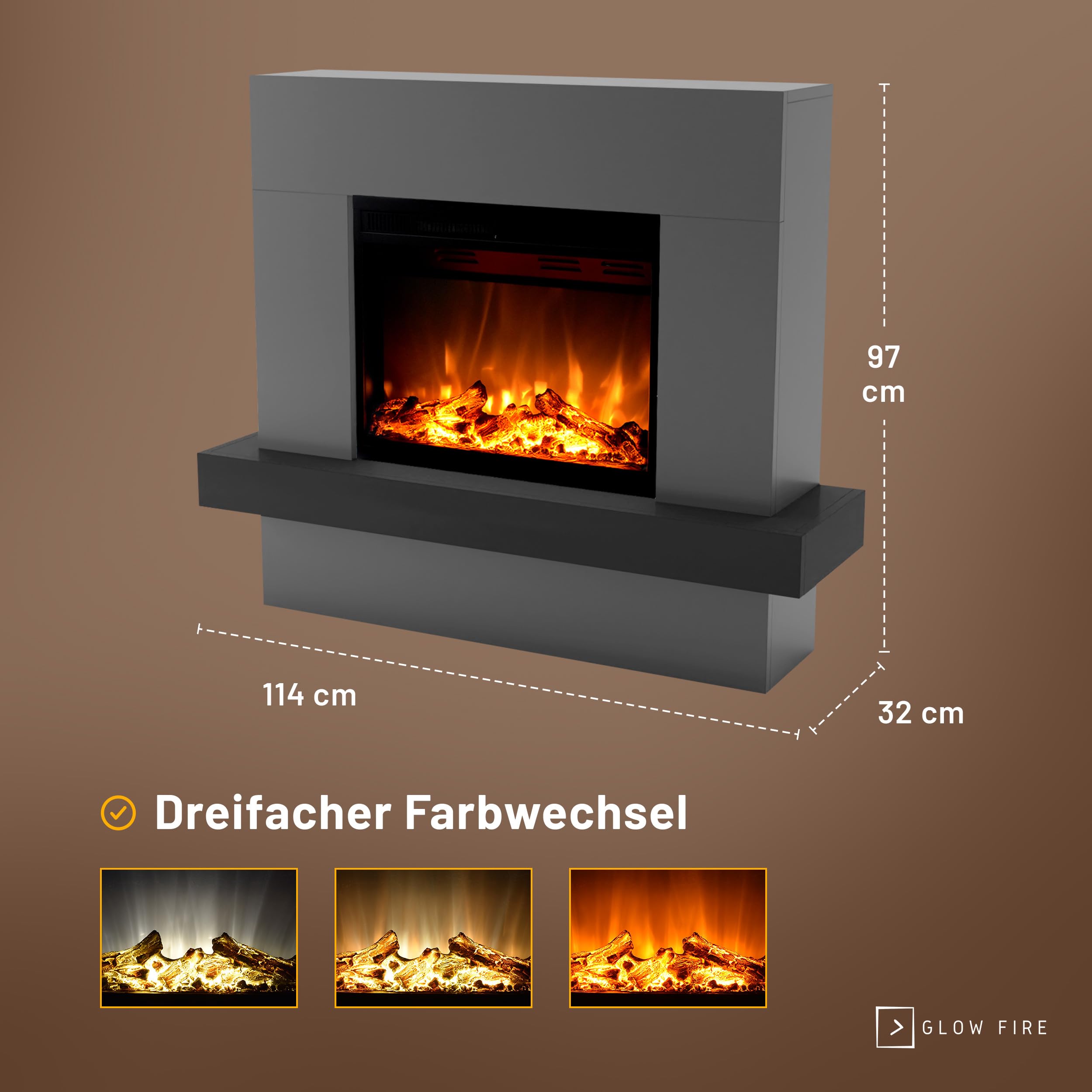 GLOW FIRE Wolnostojący kominek PANDORA Elektryczny z ogrzewaniem, płomień LED w 3 kolorach, nawiew, dekoracja drewniana, pilot, 114x97x32 cm, Szary