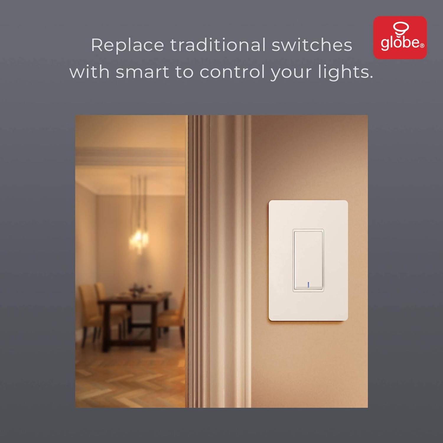 Globe Electric Smart Switch installed in a wall, replacing a traditional switch, with a room interior in the background