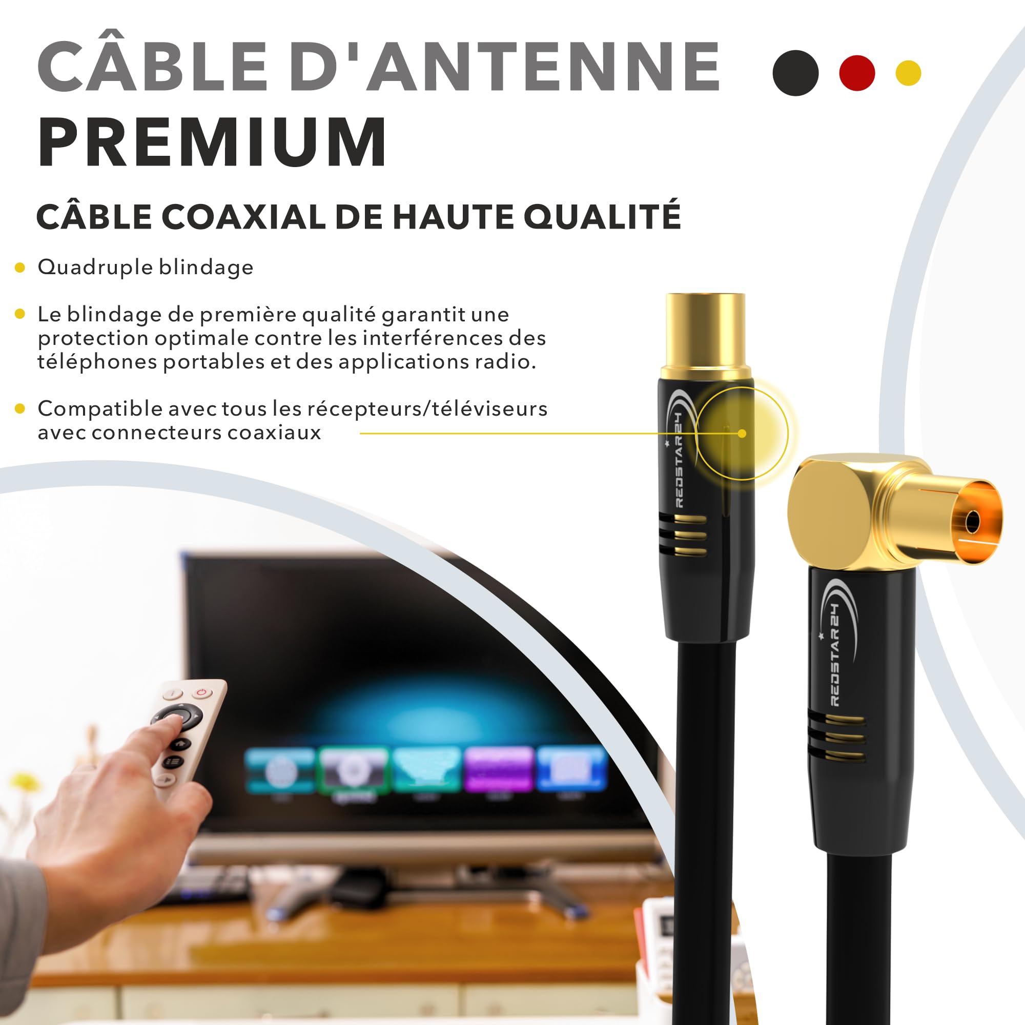 RedStar24 Câble d'Antenne 1,5m Noir - Mâle à Femelle 90° Coudé Coaxial - HDTV Premium pour Télévision par Câble | Compatible avec TV, Radio, DVB-T/T2, DVB-C, DAB