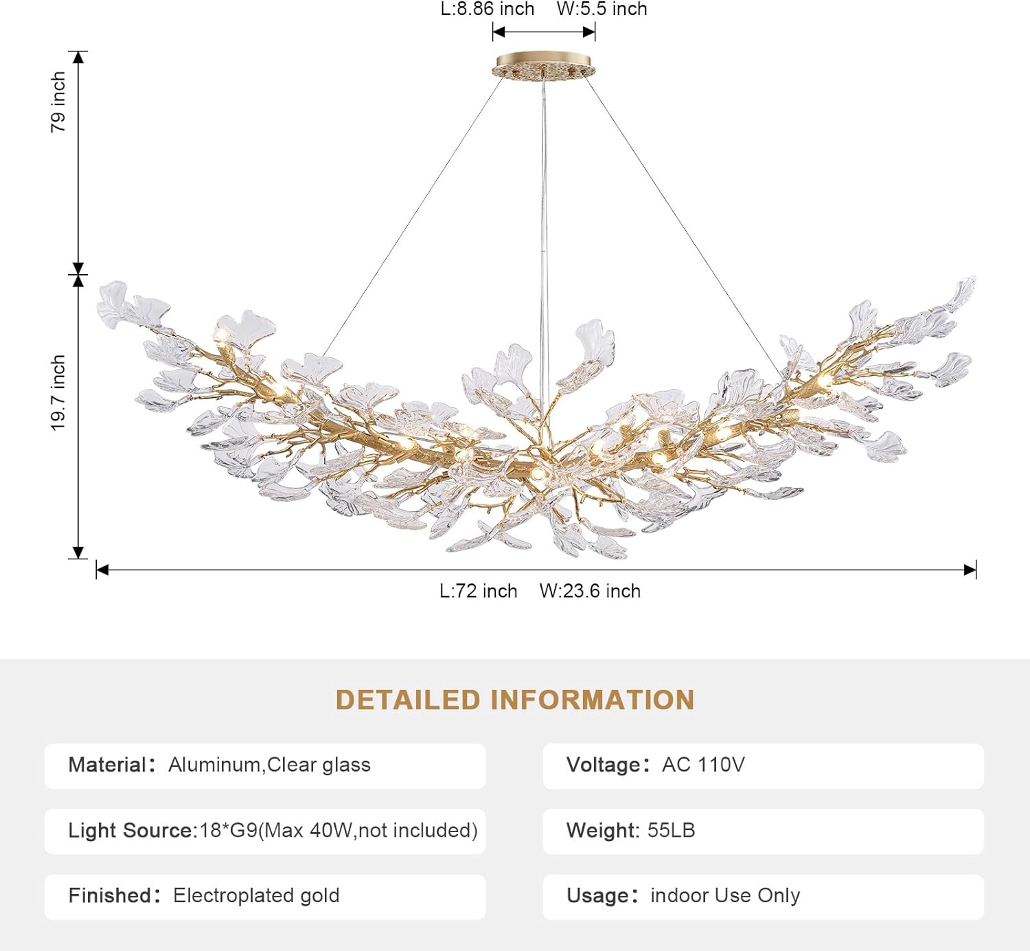 Modern Gold Crystal Chandeliers - L72 inch Rectangular Tree Branches Ceiling Pendant Light Fixtures, Natural Artistic-Style Ginkgo Leaf Chandelier for Dining Living Room Kitchen Island