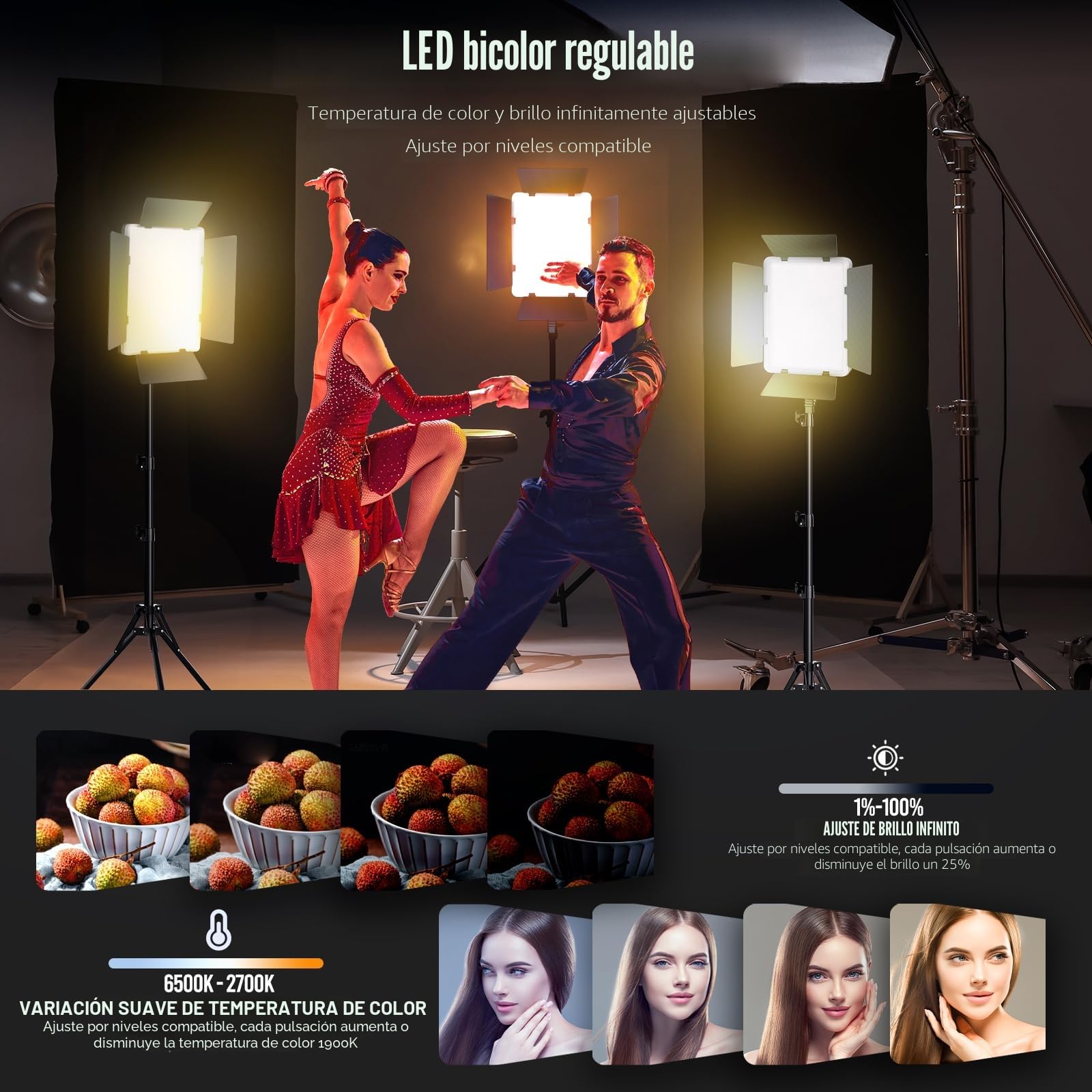 NiceVeedi Iluminación de fotografía, paquete de 2 luces de estudio bicolor 2700-6500 K, 36 W, regulables, luz LED de video para transmisión, juegos y retrato de cámara