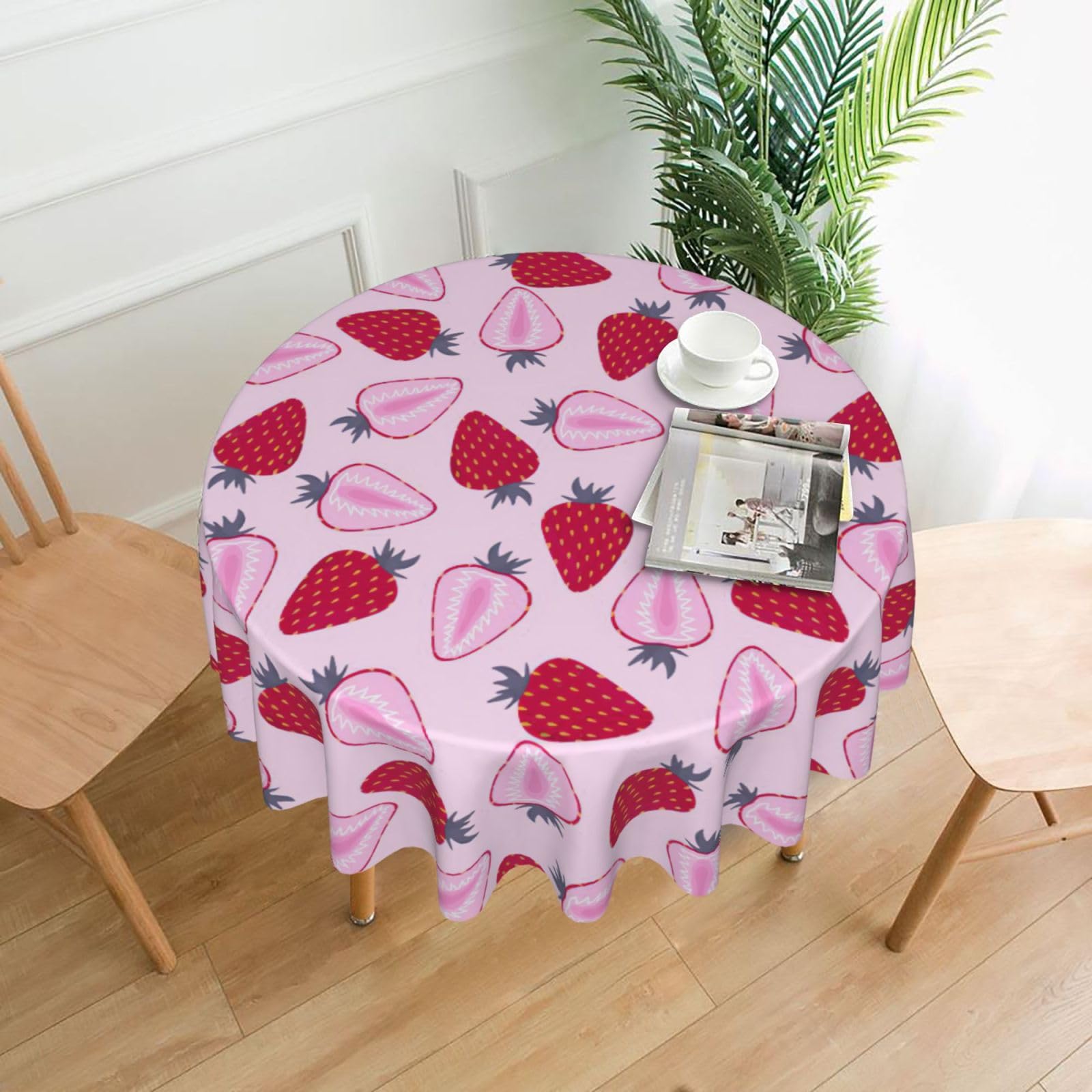 Zcmkjlg Strawberry pattern Print Quick Ship Round Tablecloth 60in Polyester Washable Cover for Dining Room