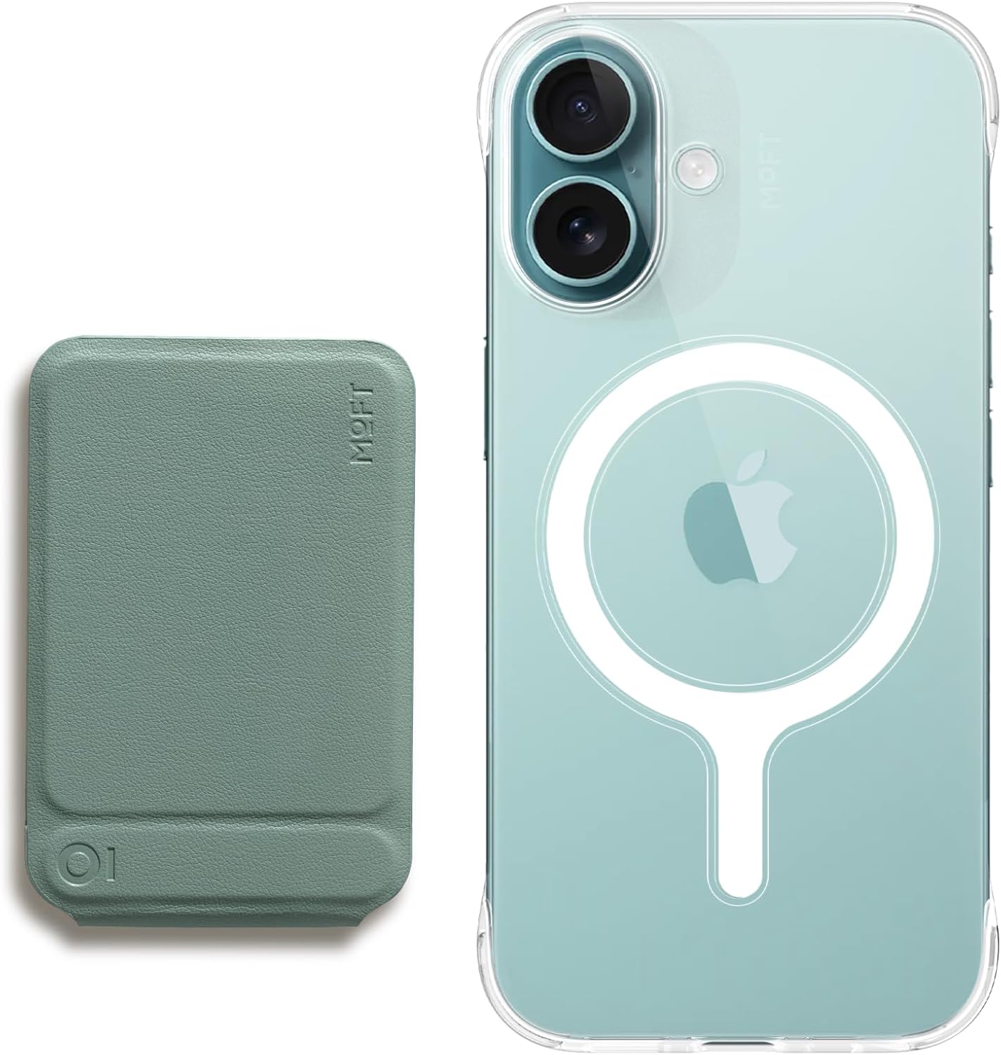 MOFT Phone Tripod Stand Seafoam & Invisible Clear MagSafe Phone Case iPhone 16 Plus