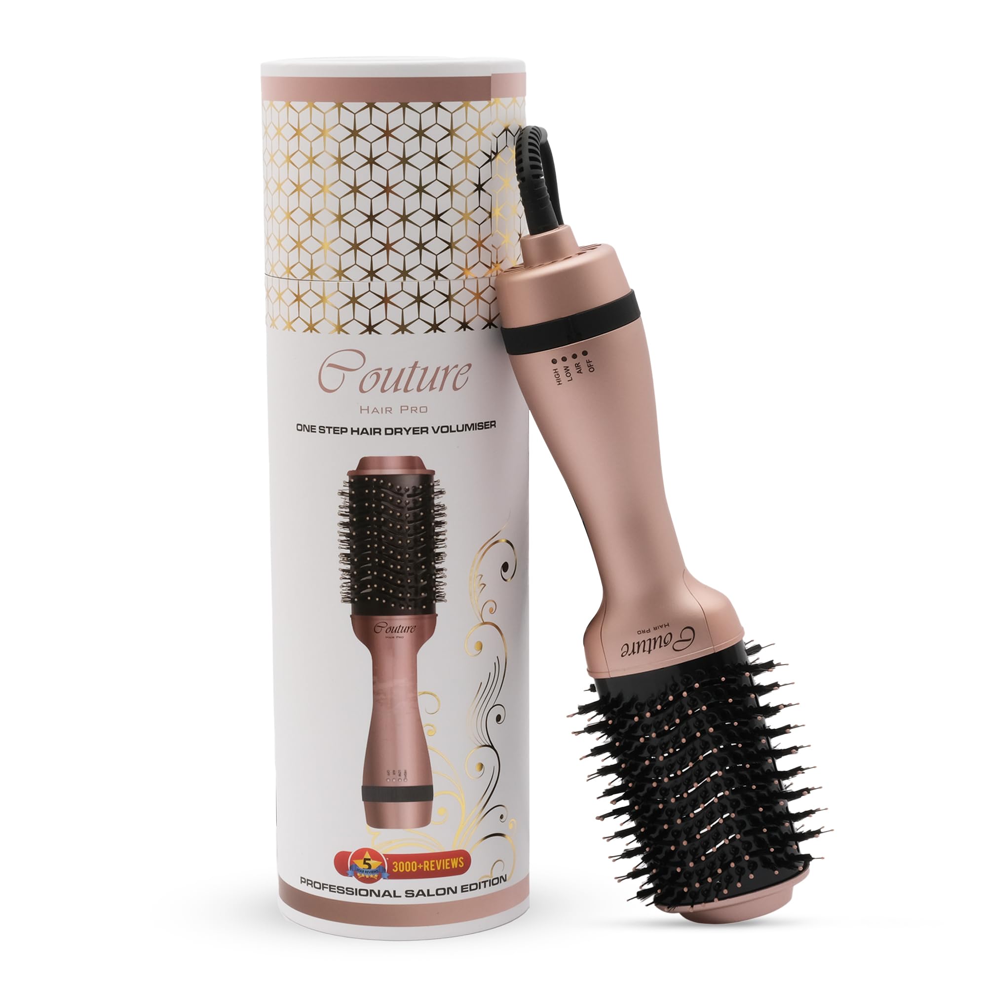 Couture Hair Pro One Step Hot Air Brush Ceramic - Oval Brush as Hair Dryer, Vloumizer and Straightener - Hair styler with Negative Ionic - Premium Canadian Quality (Rosegold)
