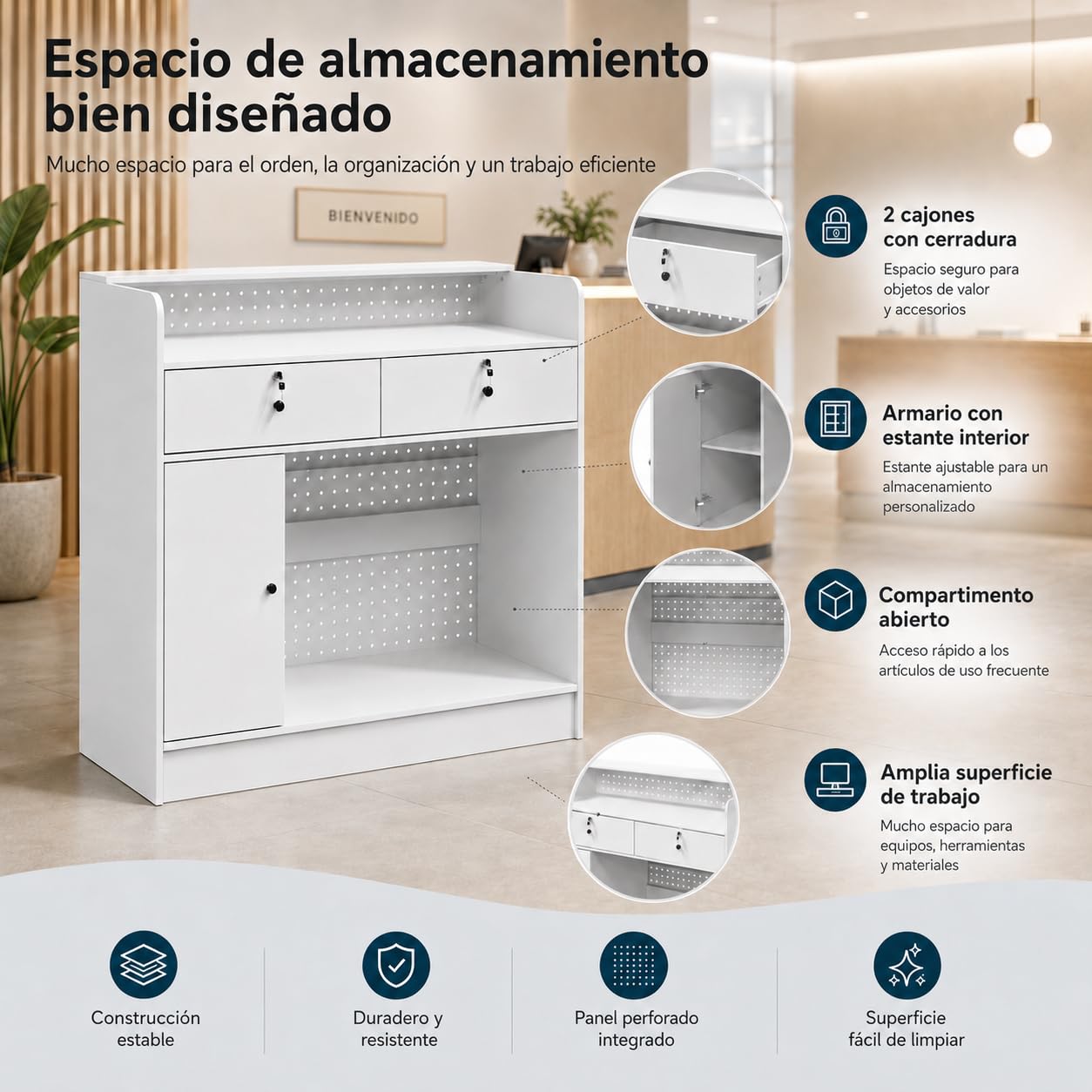 Mostrador de Recepción Blanco 120cm con Panel Perforado – Caja Registradora con 3 Estantes Ajustables, 2 Cajones con Llave, Puerta y Almacenaje – Mostrador para Tienda, Salón, Oficina, 120×110×50cm