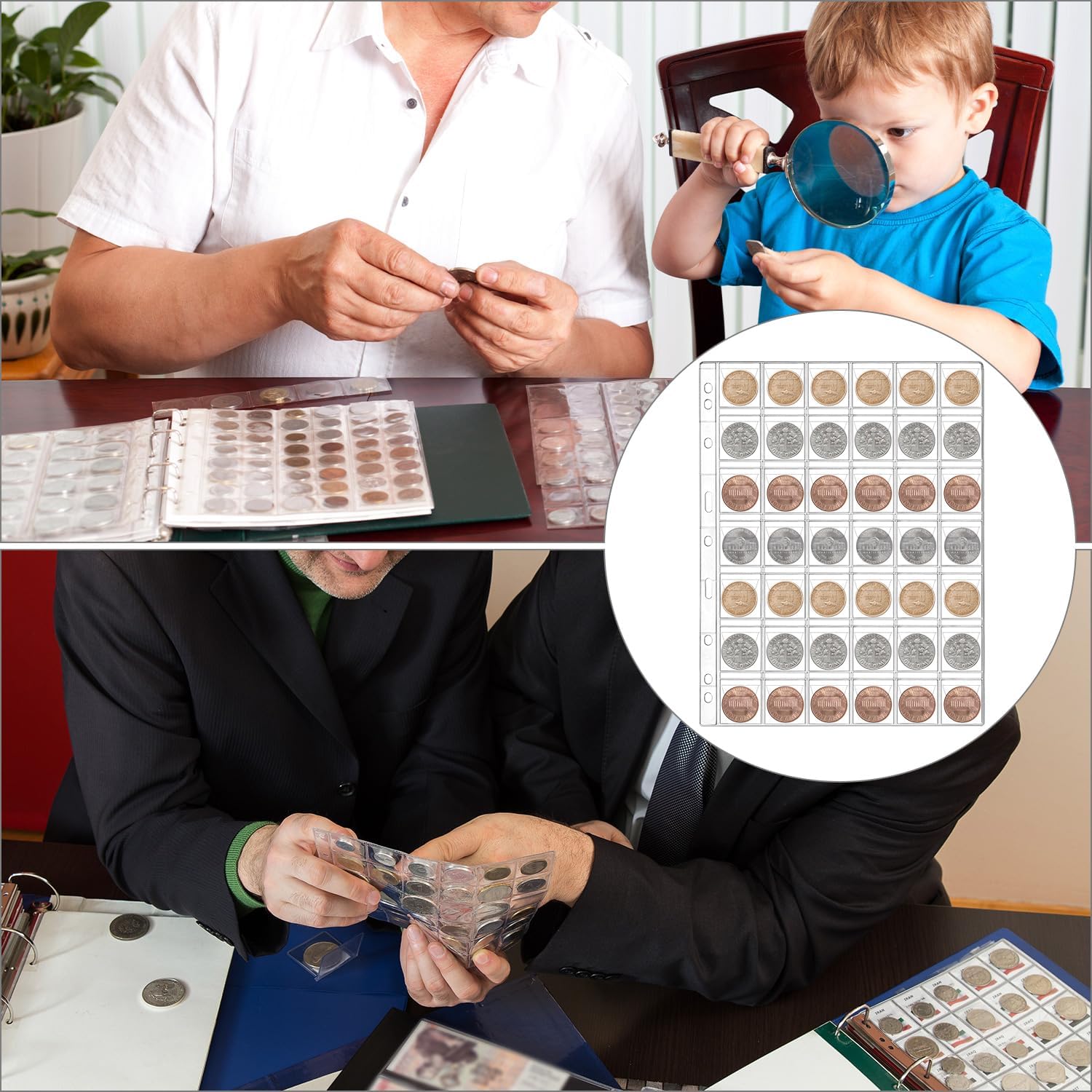 QWORK 840 Pockets Coin Pages, 42 Pocket 20 Sheets Coin Collecting Pocket Page for Coin Stamp Badge Collection, Collecting Sleeves