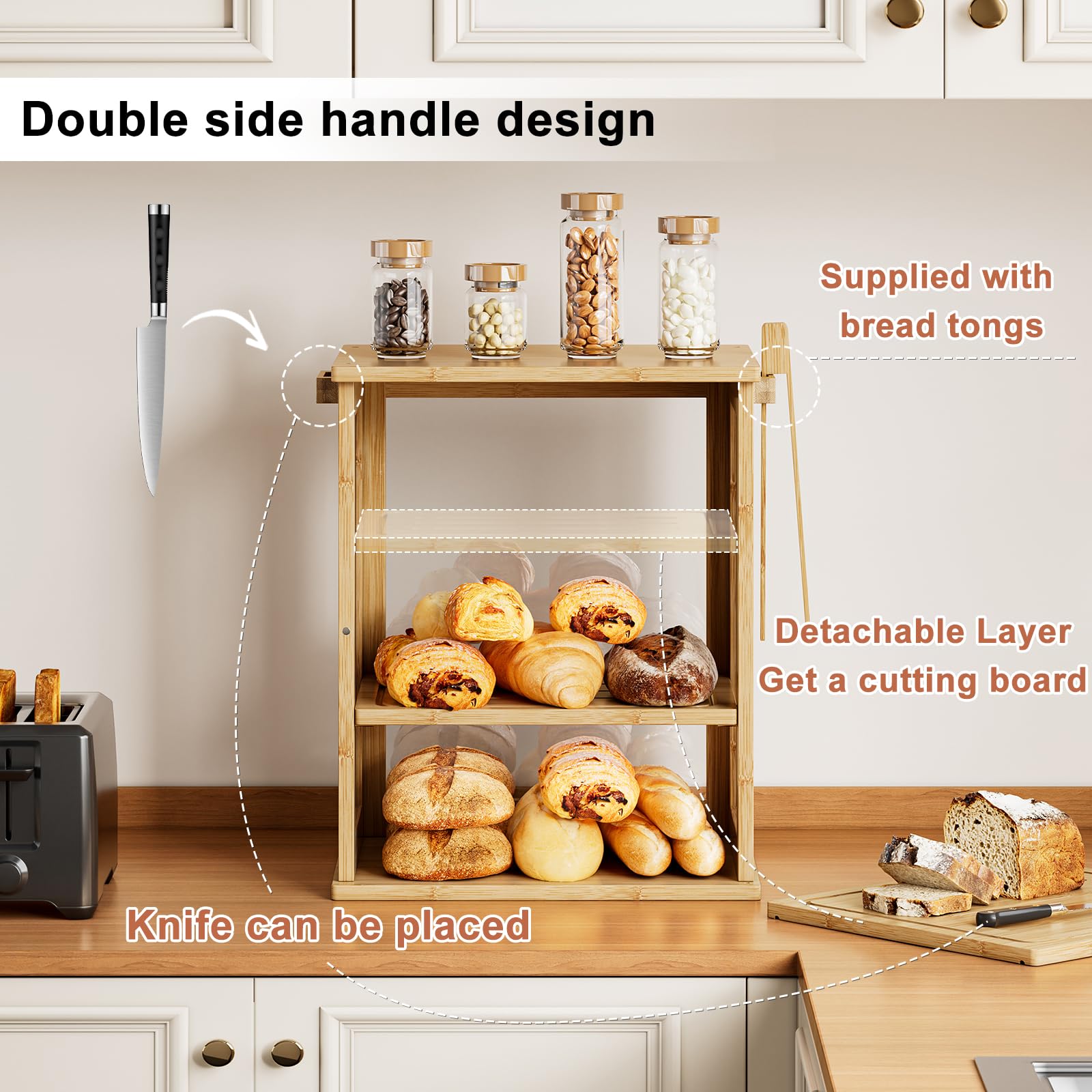 WOWLIVE Boîte à pain en bambou pour comptoir de cuisine, grande boîte de rangement à pain à 3 couches pour pain fait maison avec fenêtre, organiseur de boîte à pain de ferme pour cuisine, armoire