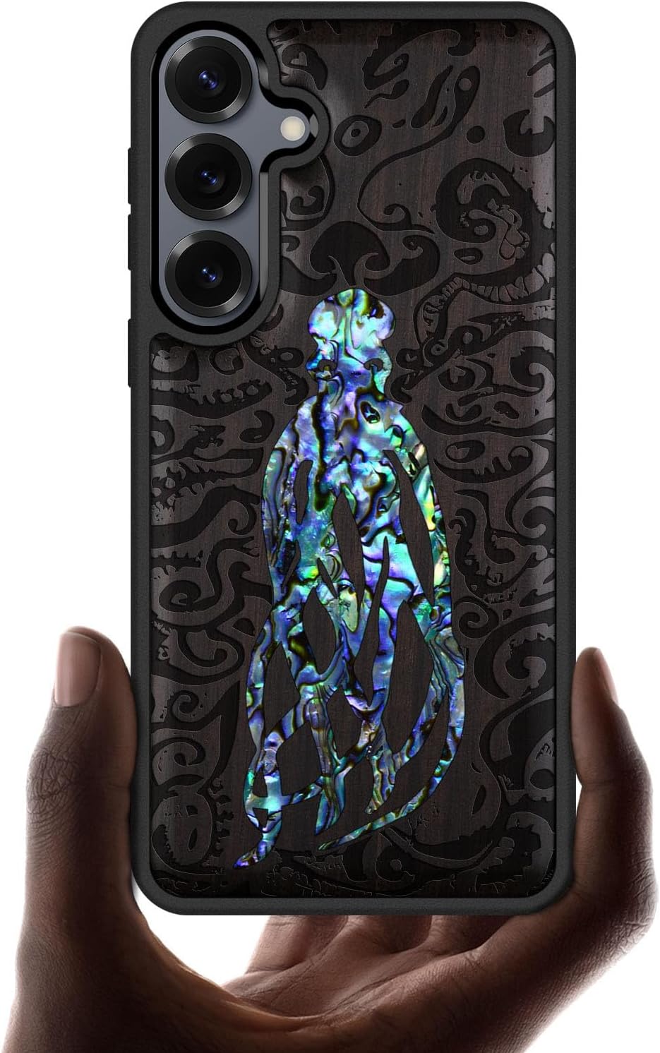 Carveit Magnetic Wooden Case for Galaxy S25+ / S25 Plus Case, Wood Artisan Engraved & Handmade Shell Inlaid, Compatible with MagSafe Wireless Chargers (Cephalopod's Nocturne) Walnut