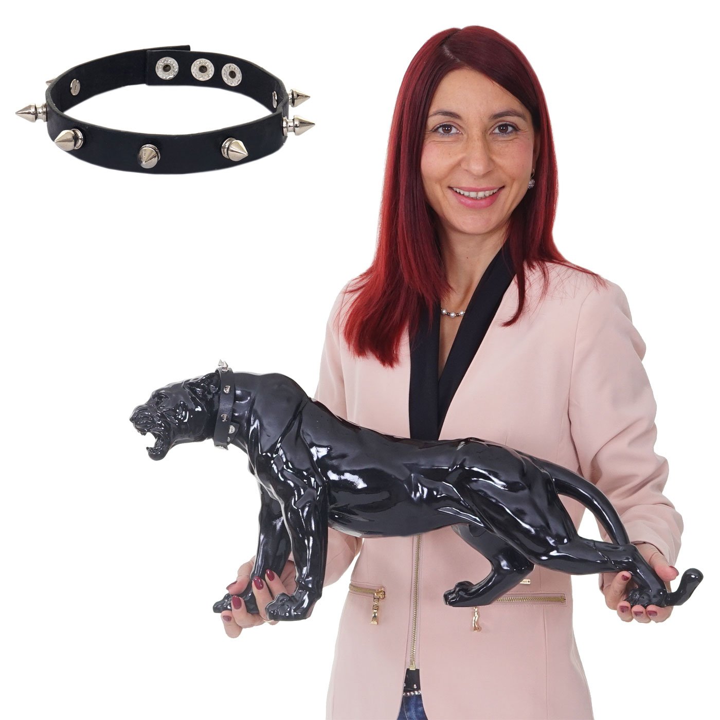 Figura decorativa Leopard 59 cm, polirresina Escultura Panther, en de/Outdoor ~ Plata, piedra, Schwarz Hochglanz mit Halsband