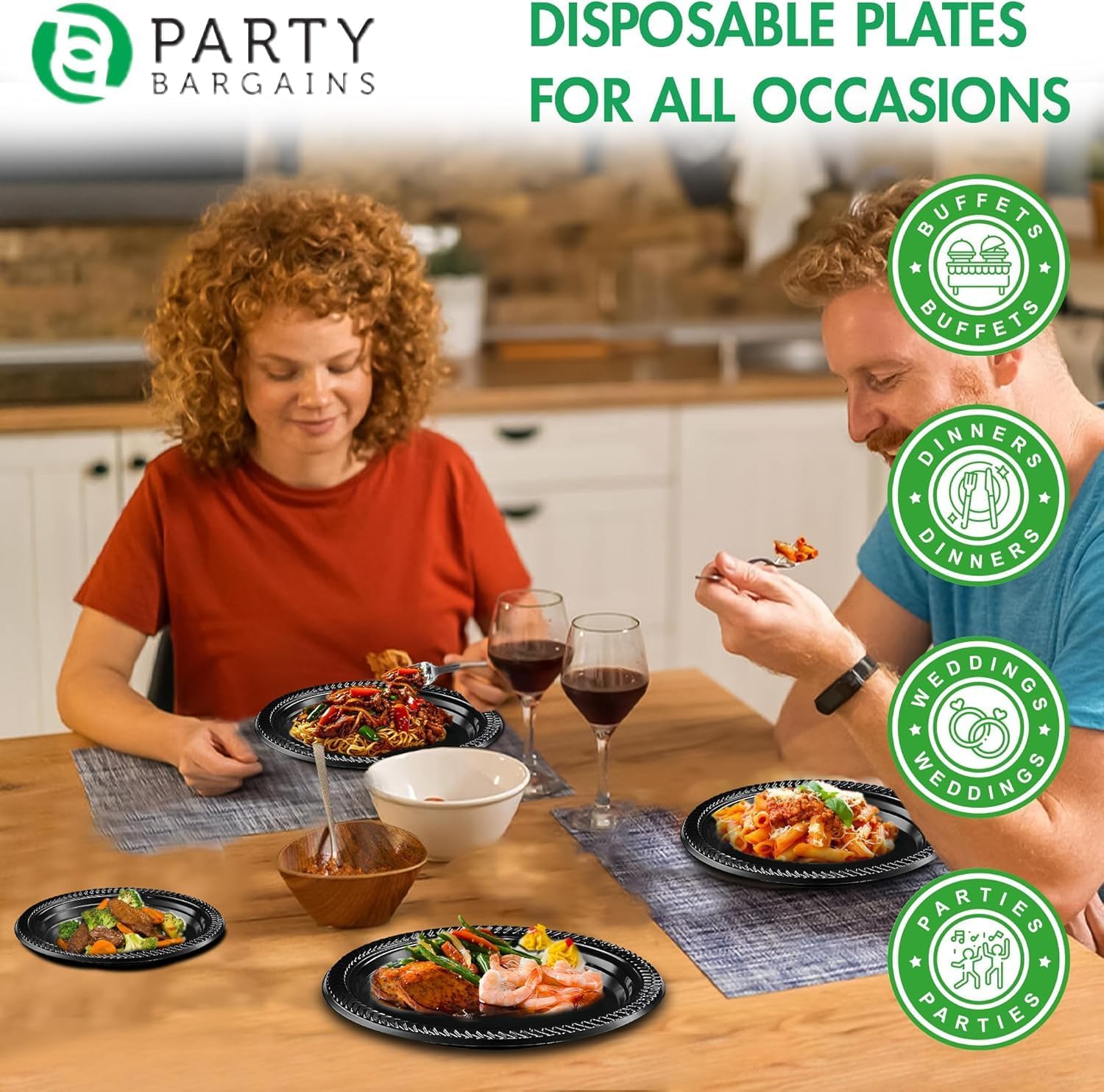 PARTY BARGAINS 9 Inch Disposable Plastic Plates 200 Pack, Black Dinner Plates, Microwave Safe Party Plates, Lightweight Disposable Plates for Parties, Catering and Events