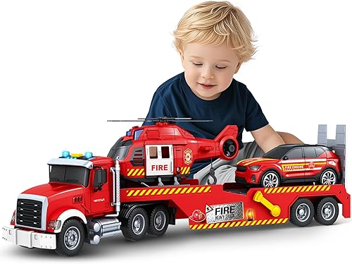 Miniatura 11 de SpringFlower Camión Semi Juguetes de 21", Camión de Policía para niños de 3, 4, 5, 6 años, Camión con Coche de Carreras y Helicóptero, Camión