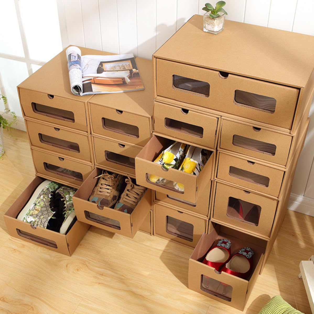 Generico 6 Pezzi Scatola per Scarpe a Cassetto Grande in Carta Finestra | Colore Khaki, Design Trasparente, per Casa e Scrivania, Adatta anche Borse e Sciarpe