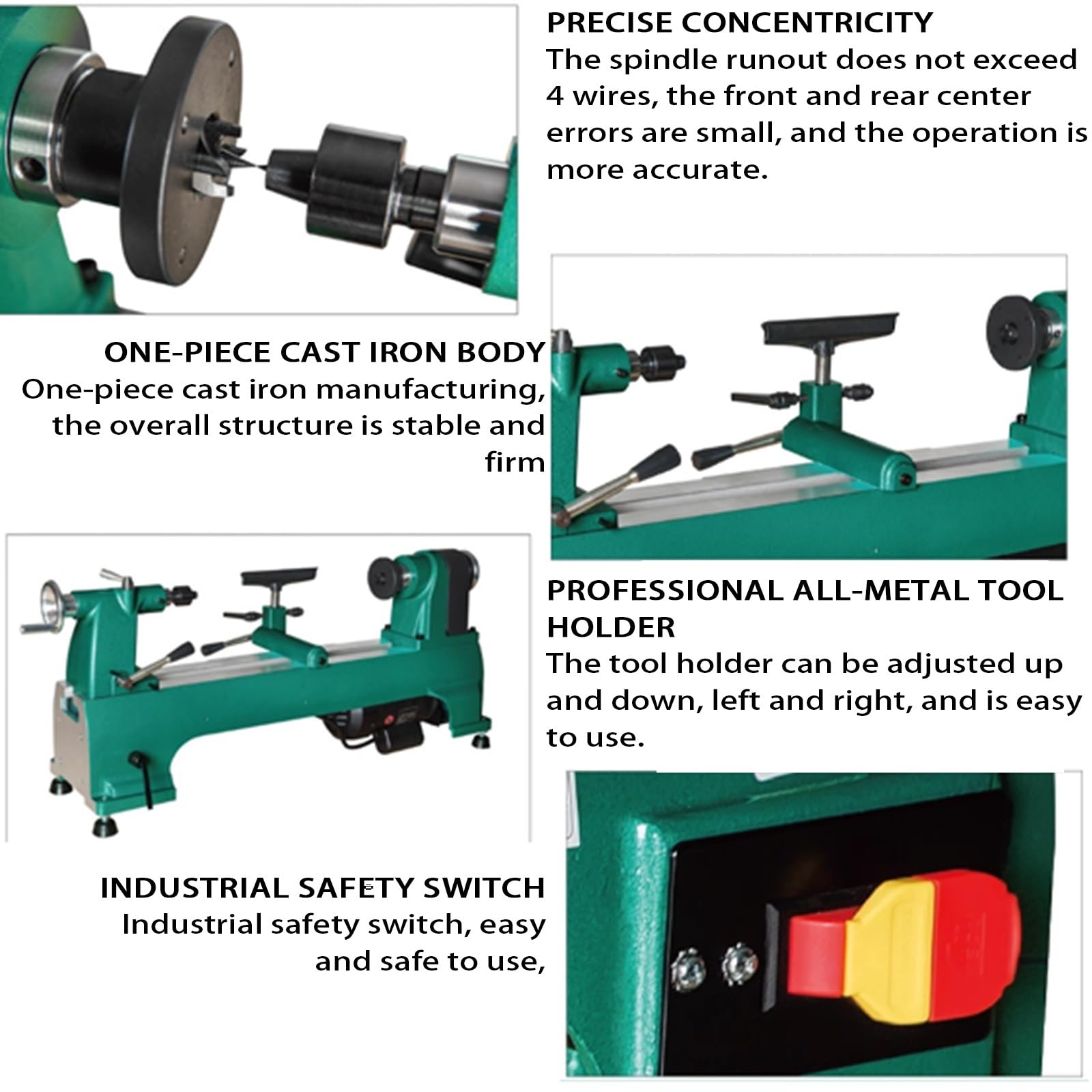 Tornio per legno 1000W, velocità variabile 350-3450RPM, ideale per principianti, perfetto per la tornitura di artigianato e progetti in legno