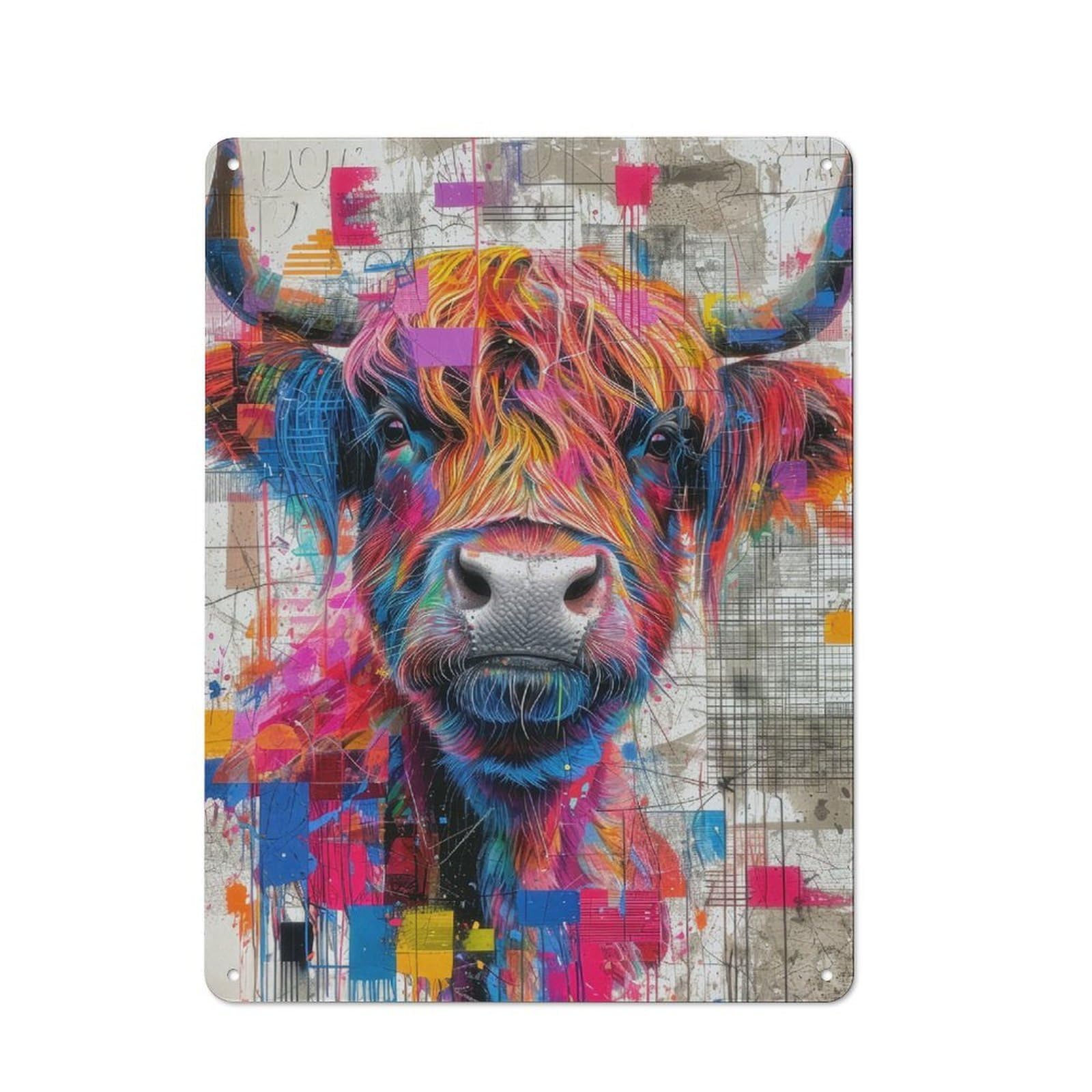 Junmoney Style-13 Highland Cow Colorful Face Rustic Tin Wall Plaque 40X30cm For Hobby Room Or Studio, A Christmas Gift For People Styling Hobby Room And Studio