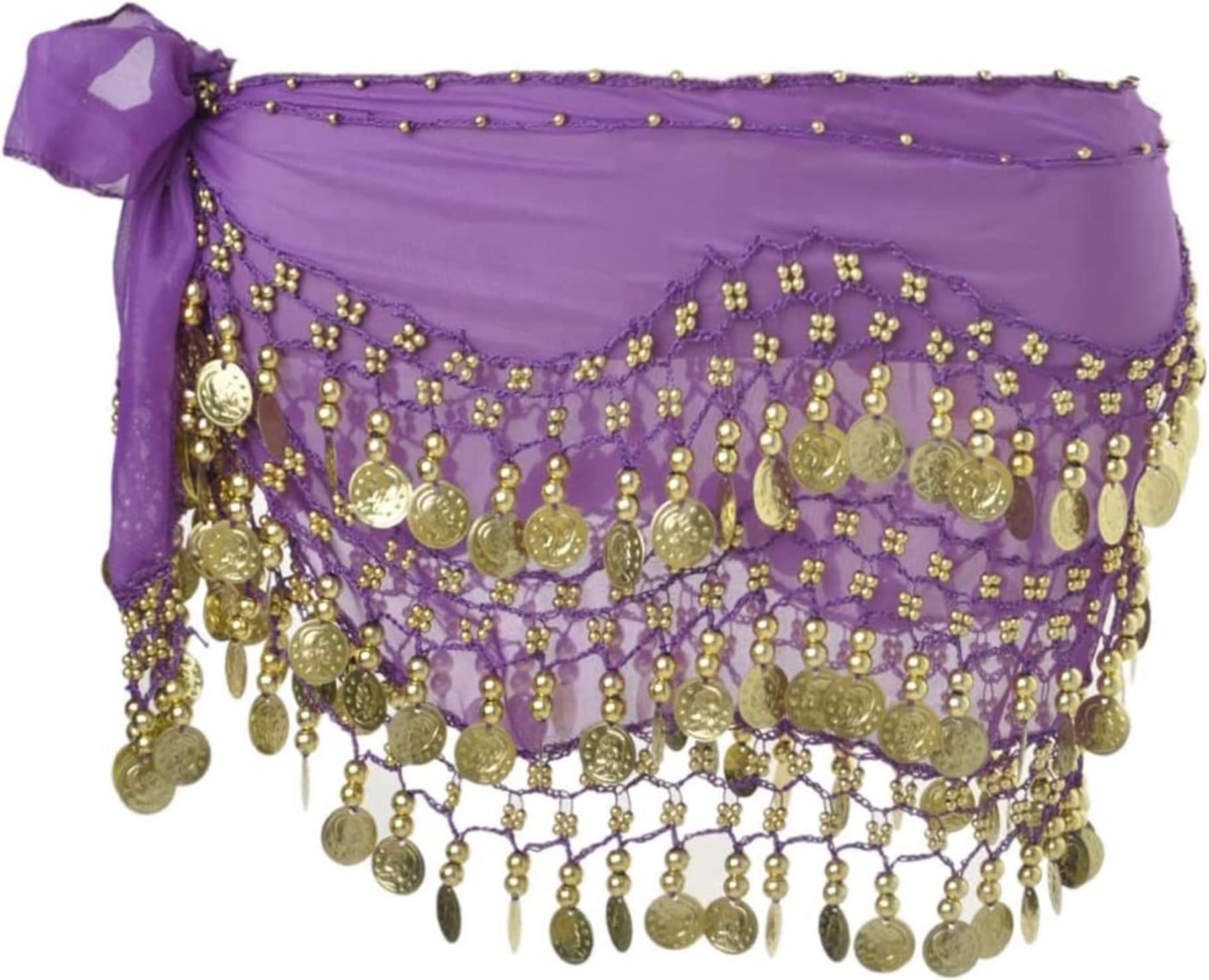 – Belly Dance Hip Scarf, Gold Coins Belly Dance Skirt Belly Dancer Costumes, Women's Chiffon Belly Dancing Belt with 128 Gold Coins for Women Girl Latin Zumba Yoga (Purple) (Purple)