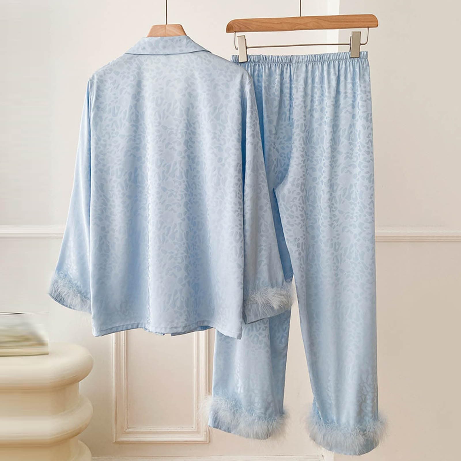 Pijamas para Mujer,de Seda de Hielo con Solapa y Botones de Manga Larga con Plumas Sexis para Mujer, Traje de Dos Piezas para el