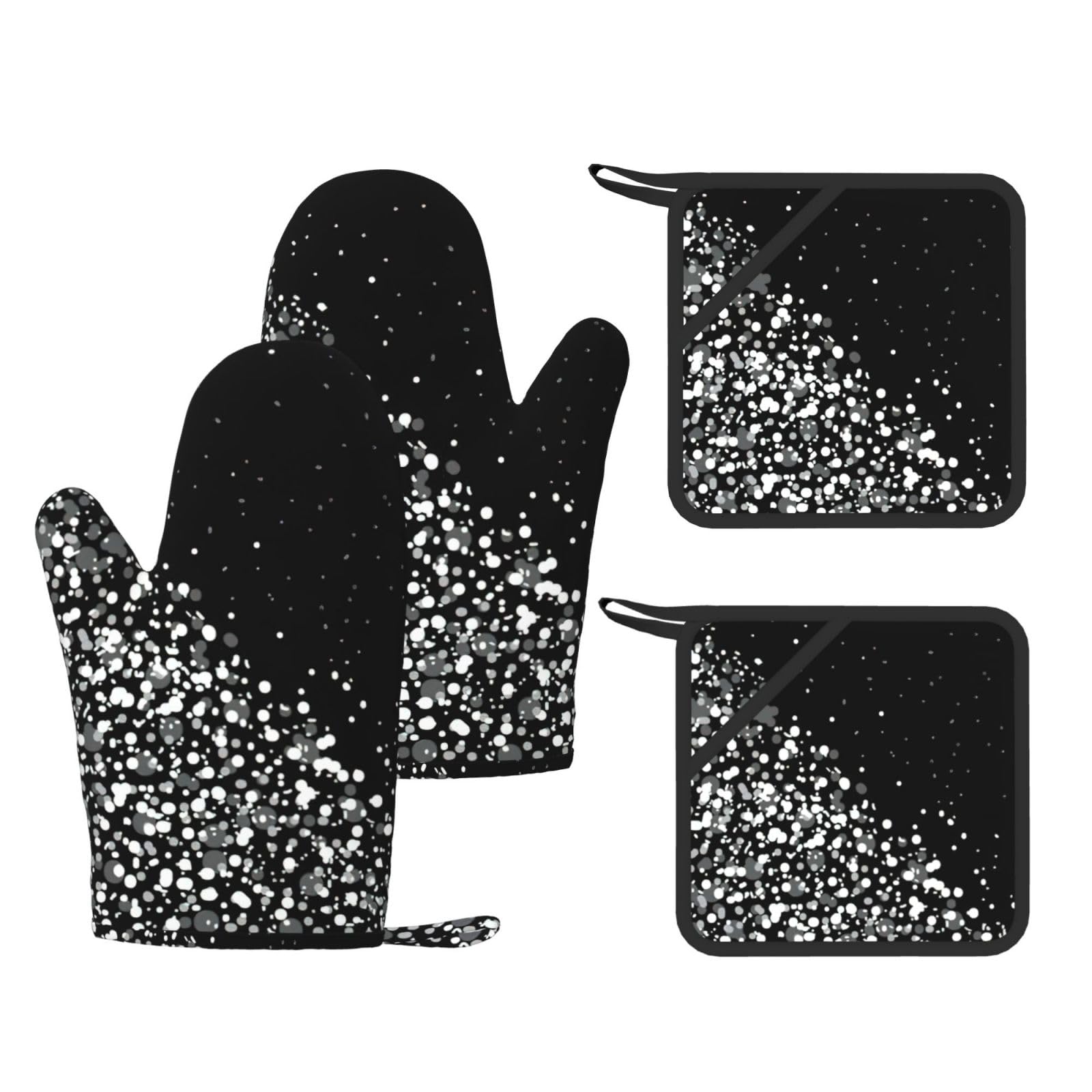 Nimongt Black White Glitter Print Heat Resistant Gloves Pads Reusable Kitchen Set Oven Baking Grilling Cooking