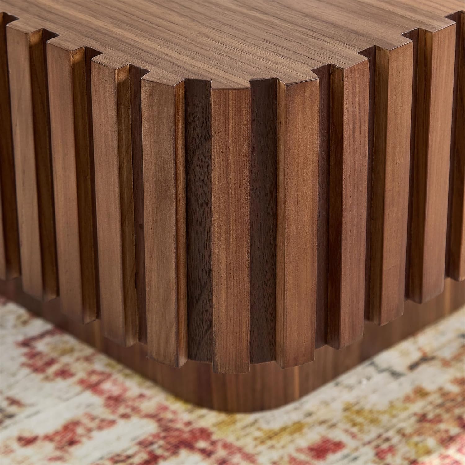 LKTART Square Coffee Table for Living Room, Accent Fluted Coffee Table with Storage, Modern Solid Wood Veneered Large Center Tea Table for Small Space Apartment (31.5''D×14''H-Walnut)