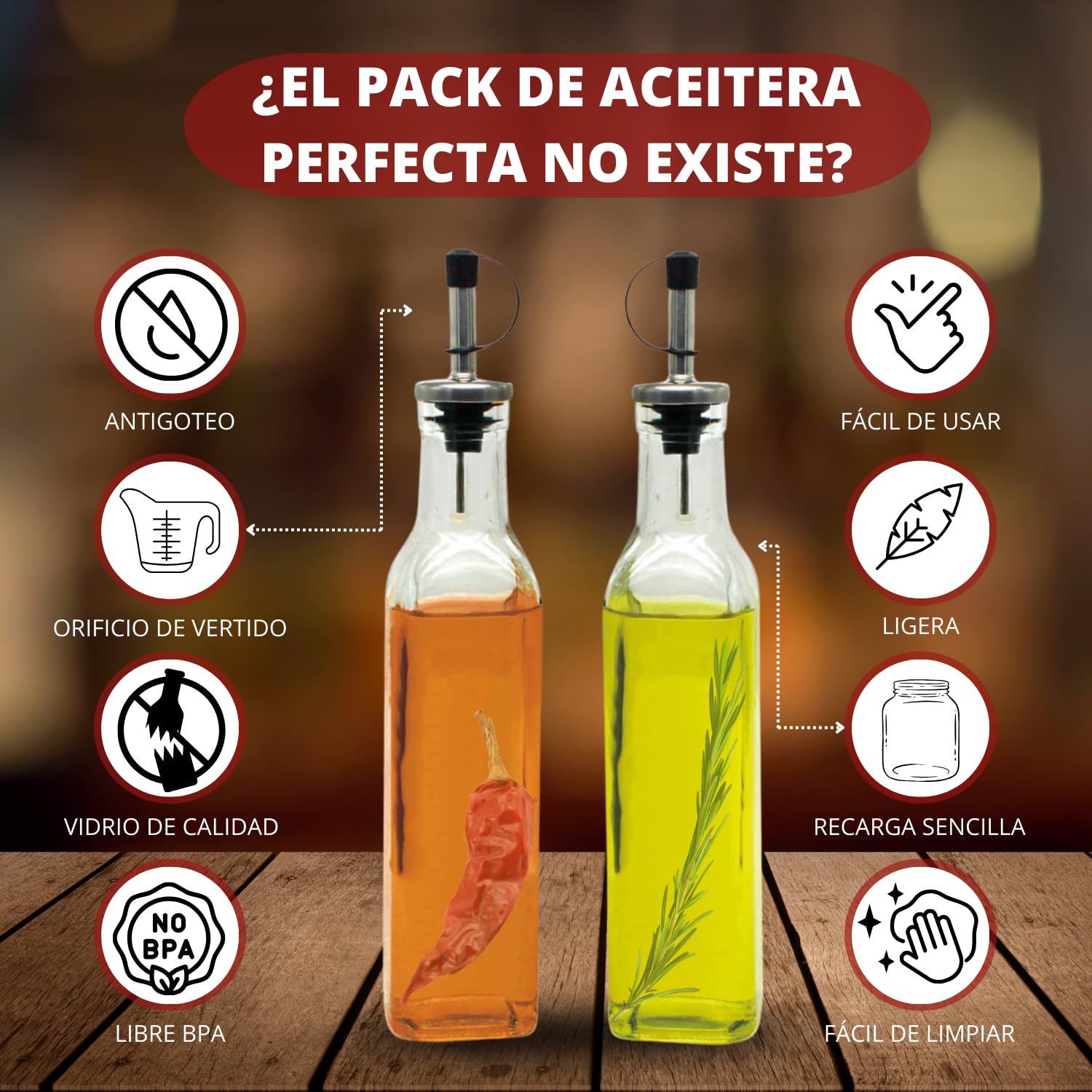 CAVECA Huilier en verre anti-goutte pour cuisine de 300 ml et bouchon en liège cadeau, huilier traditionnel en verre 100 % recyclé et fabriqué en Espagne, distributeur d'huile de cuisine, bouteille