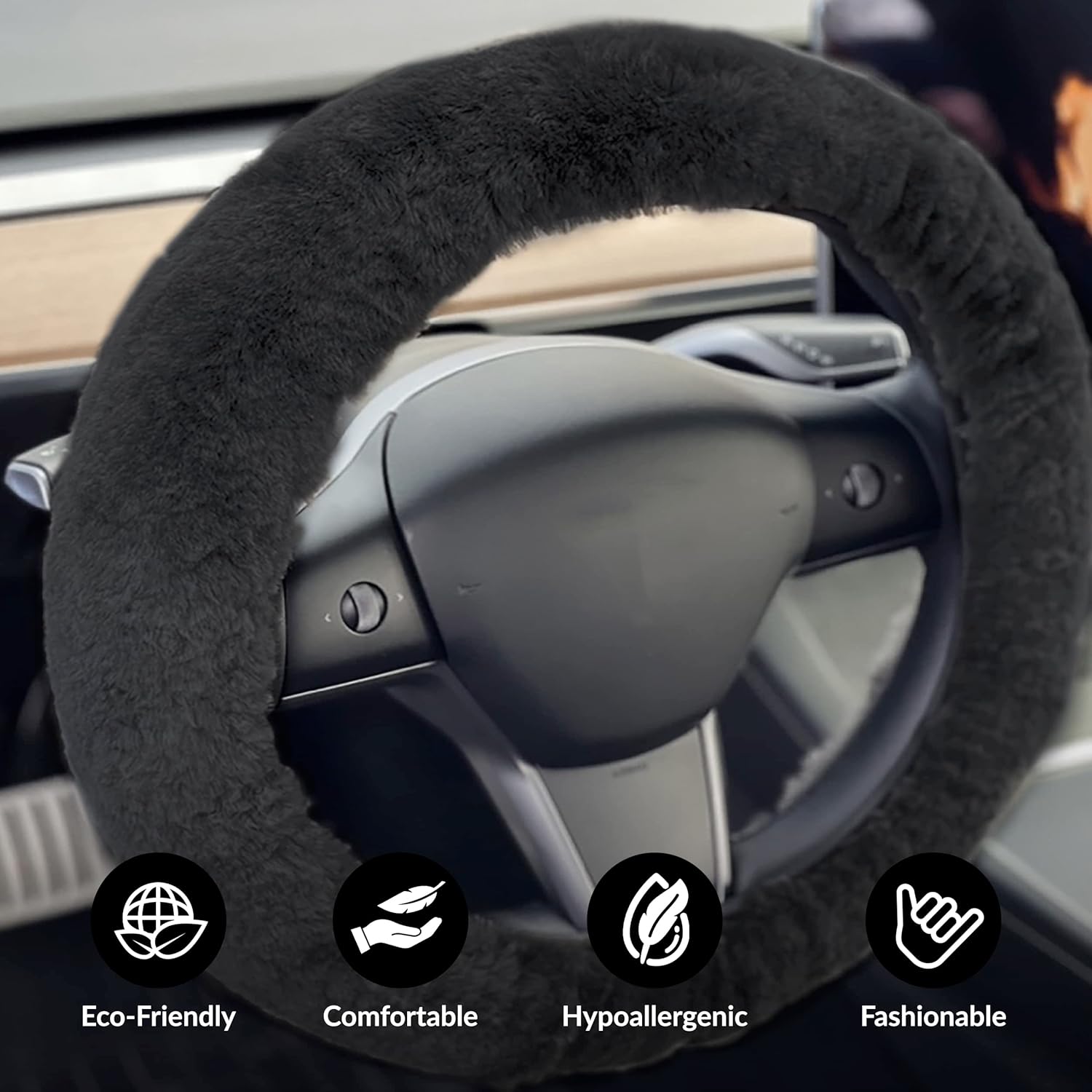Natural Sheepskin Steering Wheel Cover for Women and Men | 100% Genuine Sheepskin Wool Furry 15” Universal Fit Steering Wheel Covers with Elastic Piping on Edges (Carbon Grey)