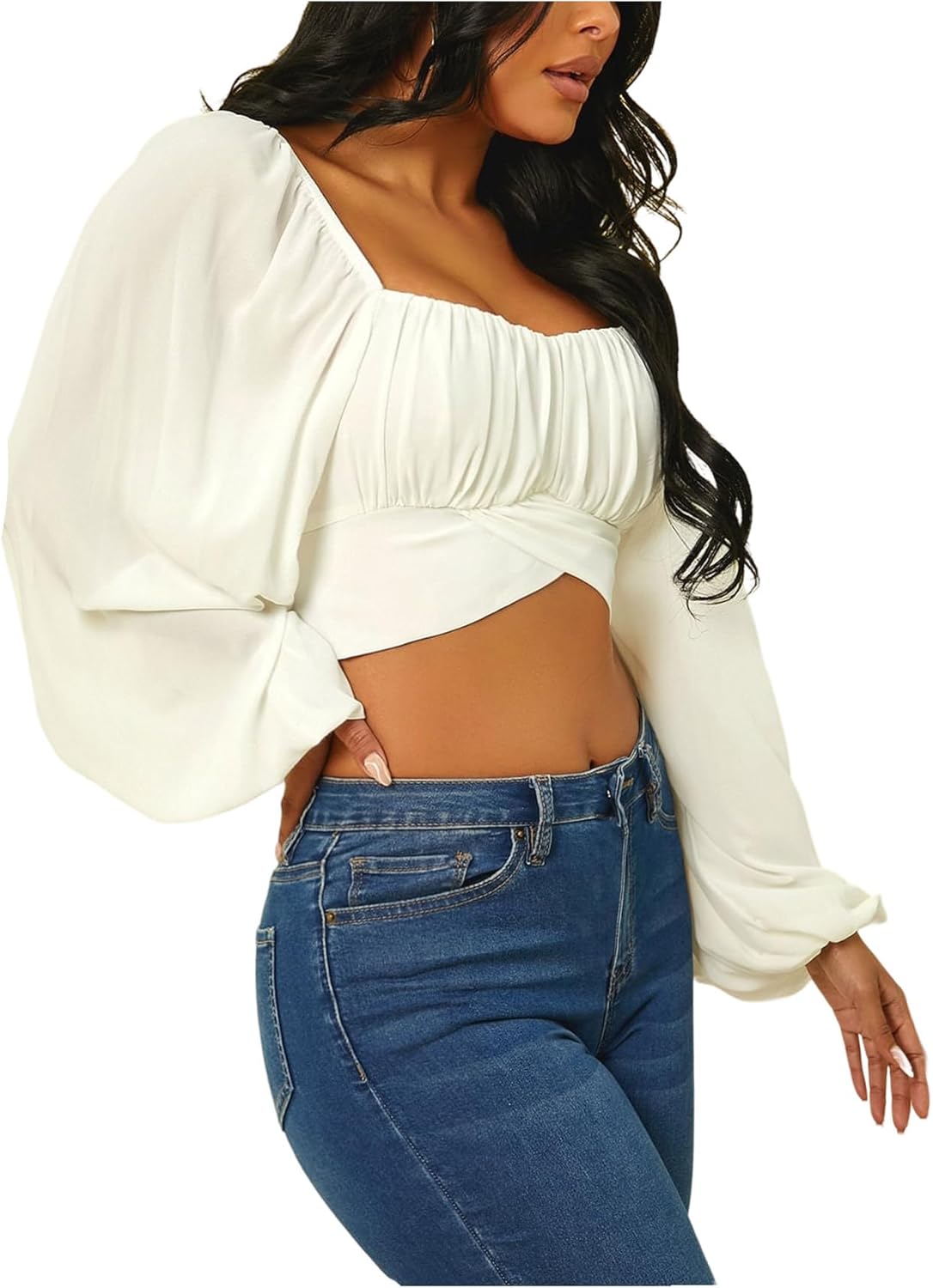 SweatyRocks Women's Ruched Long Sleeve Crop Tops Bell Long Sleeve Square Neck Tie Back Blouse Shirts