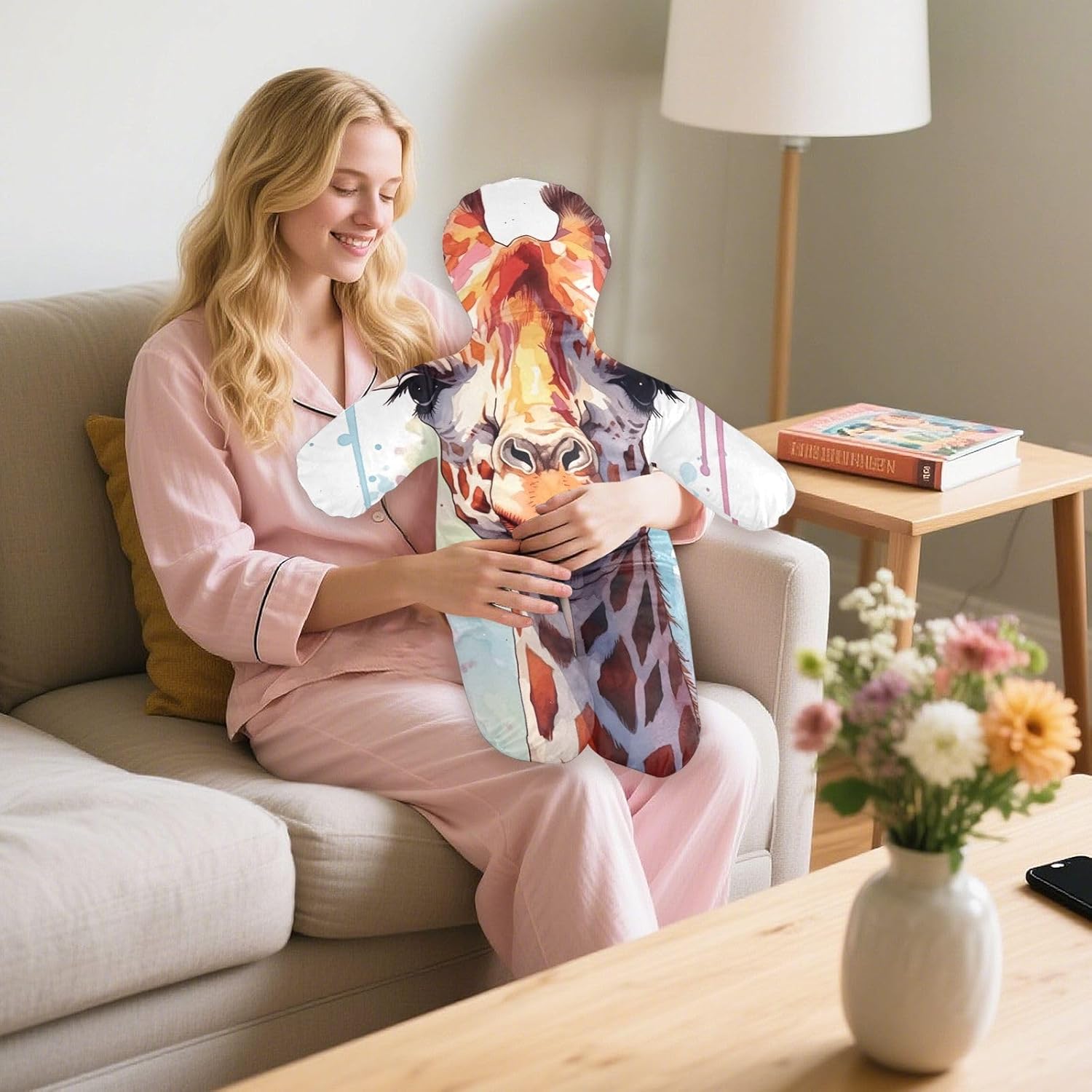 Giraffe Painting Human-Shaped Pillow Soft Body Pillows Washable Velvet Pillows for Anxiety Relief Sleeping Cuddling & Support