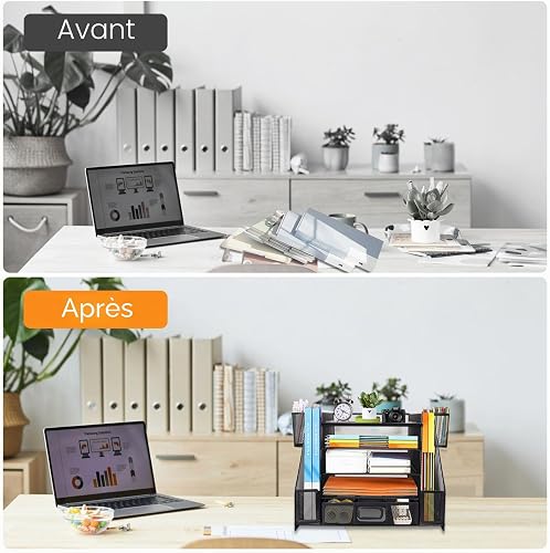 HMXLJJY Organizer da scrivania in rete con portadocumenti, organizer per lettere a 5 ripiani con portariviste, organizer da scrivania e portaoggetti per forniture per ufficio, casa o scuola, nero - 4