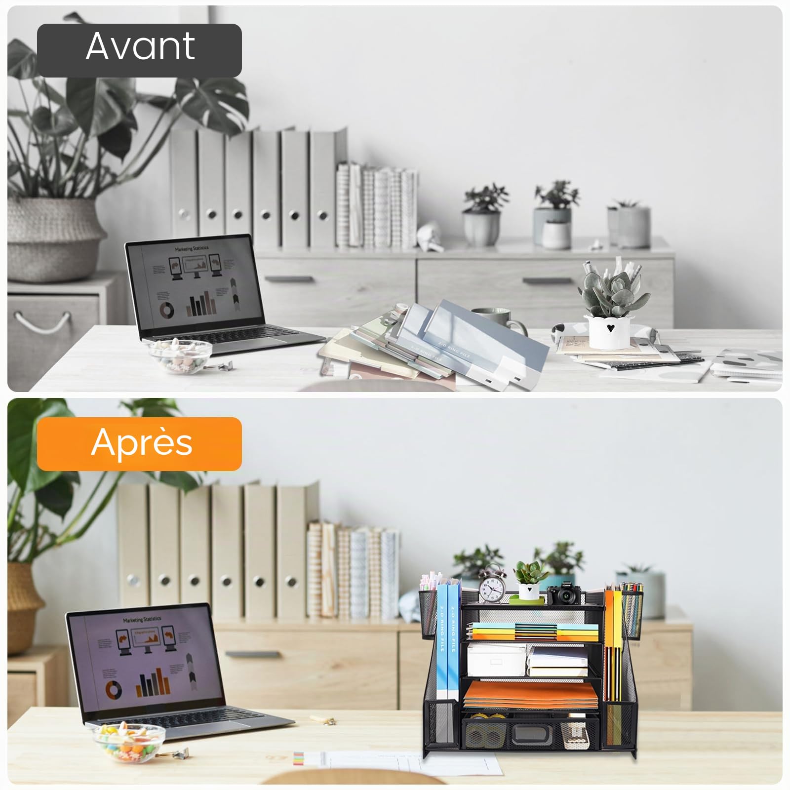 Organiseur de bureau en maille avec porte-fichiers, bac à courrier à 5 niveaux avec porte-magazines, organiseur de bureau et rangement pour fournitures de bureau, maison ou école, noir