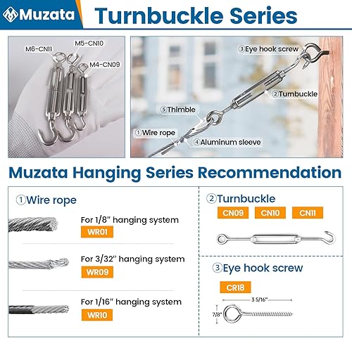 Miniatura 6 de Muzata Paquete de 5 tensores de gancho y tensores de ojo M4 para cable de cable T304 Tensor de cable de acero inoxidable Kit de cuerda de alambre