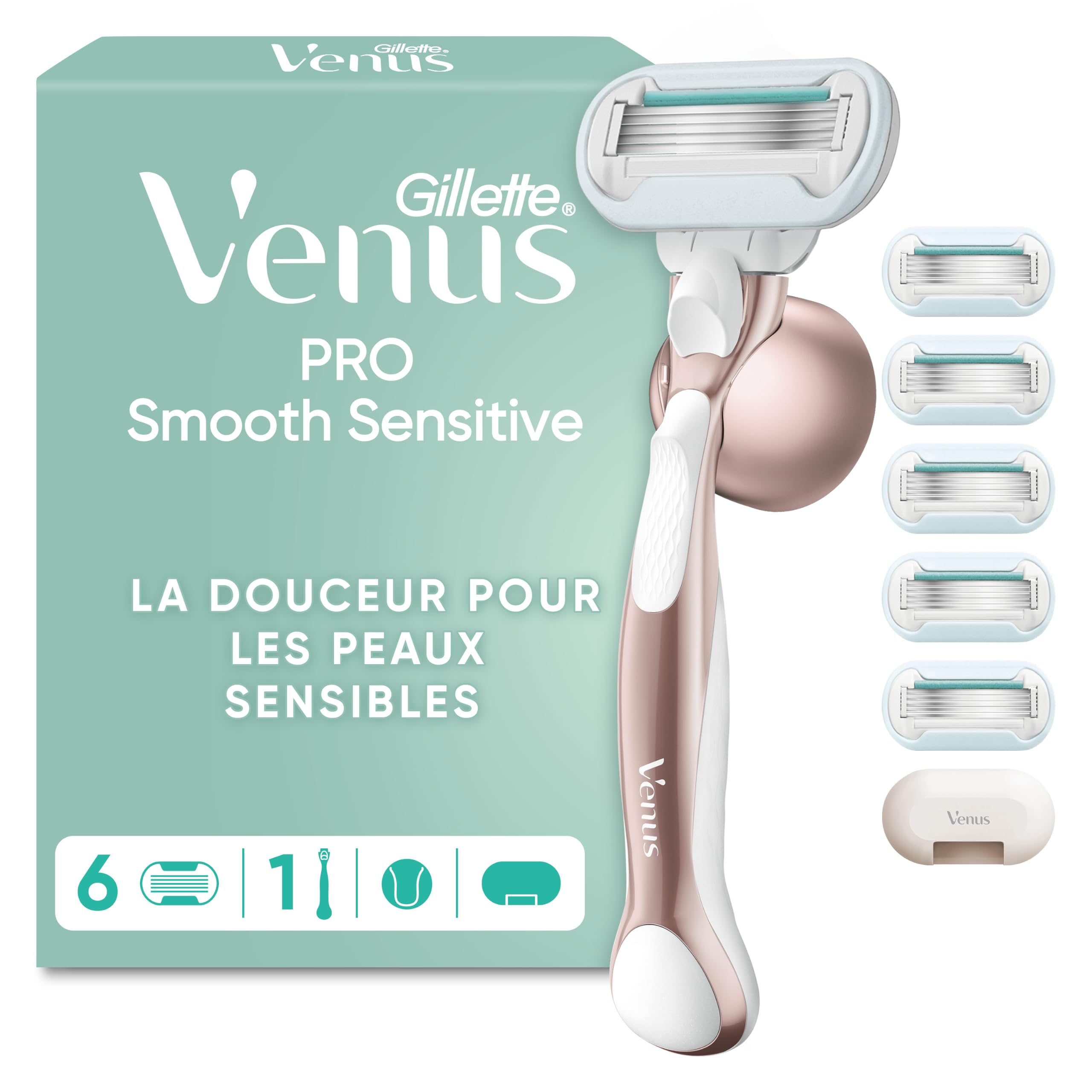 Gillette Venus Rasoir Femme Pro Smooth Sensitive 6 Recharges Rose Manche Réutilisable Tête de Rechange 5 Lames Acier Inoxydable Bande Lubrifiante Peau Sensible