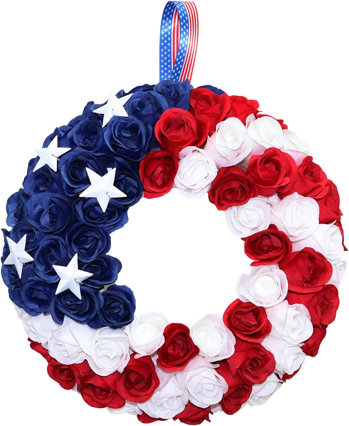 Silk Roses 4th of July Wreath - Red White Blue Patriotic Wreaths for Front Door, Memorial & Independence Day Decorations, Americana Decor for Porch Door Wall Window Indoor Outdoor (18“)