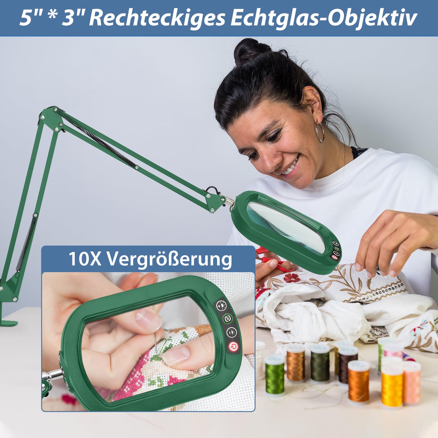 Veemagni Lupa rectangular de cristal auténtico con luz y abrazadera, 5 modos de color de intensidad continua, 2 x 16 pulgadas brazo giratorio LED lámpara de lupa con manos libres con iluminación para