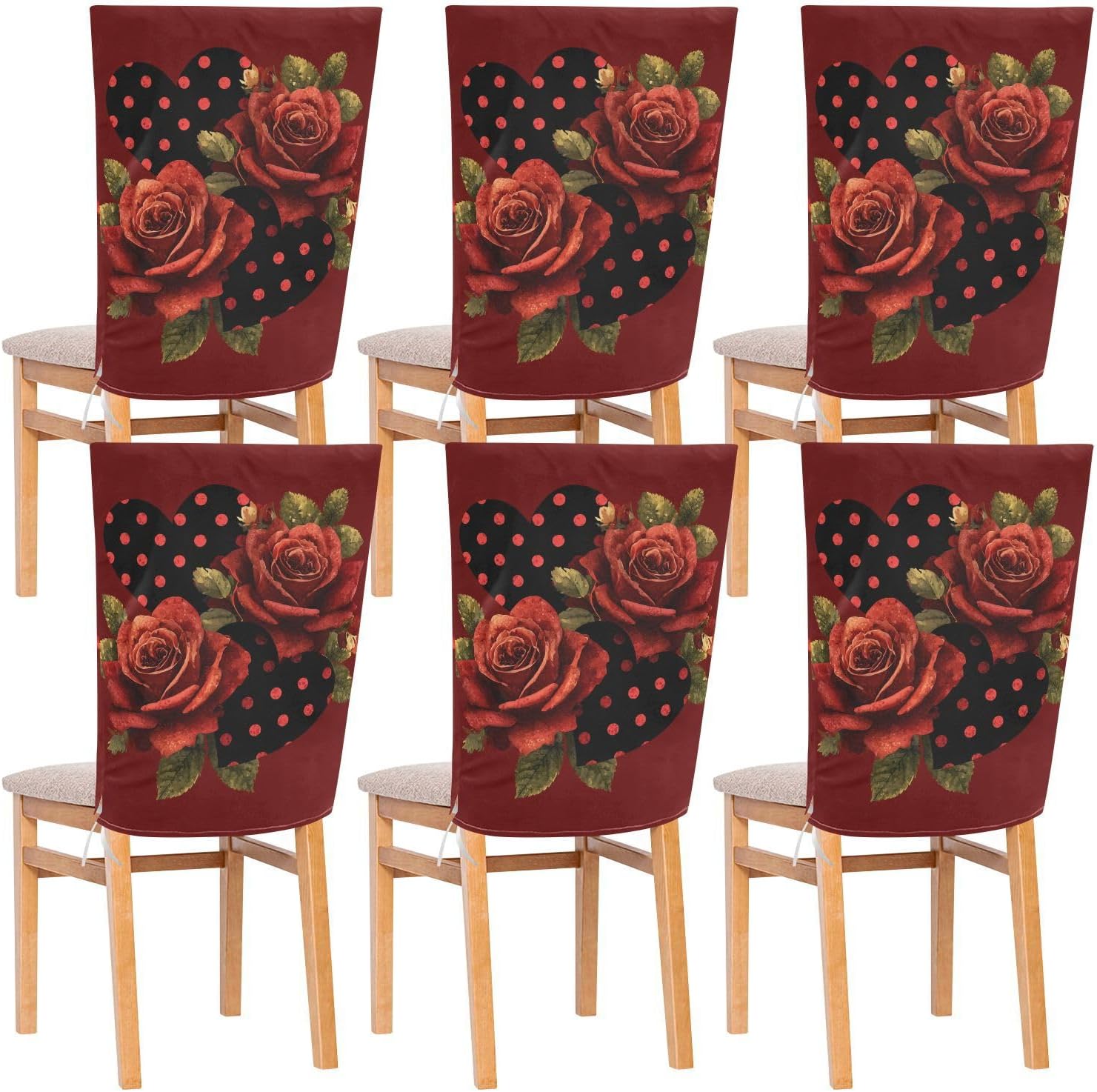 ALAZA Roses Hearts Polka Dots Chair Back Cover Set of 6, Washable Reusable Removable Chair Slipcovers Decorative Chair Cover for Home Kitchen Wedding Party