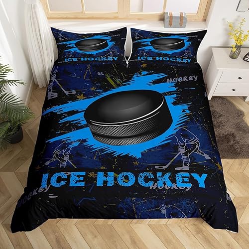 Manfei Juego de funda de edredón para niños de hockey sobre hielo, tamaño matrimonial, funda de edredón azul con 2 fundas de almohada, juego de ropa