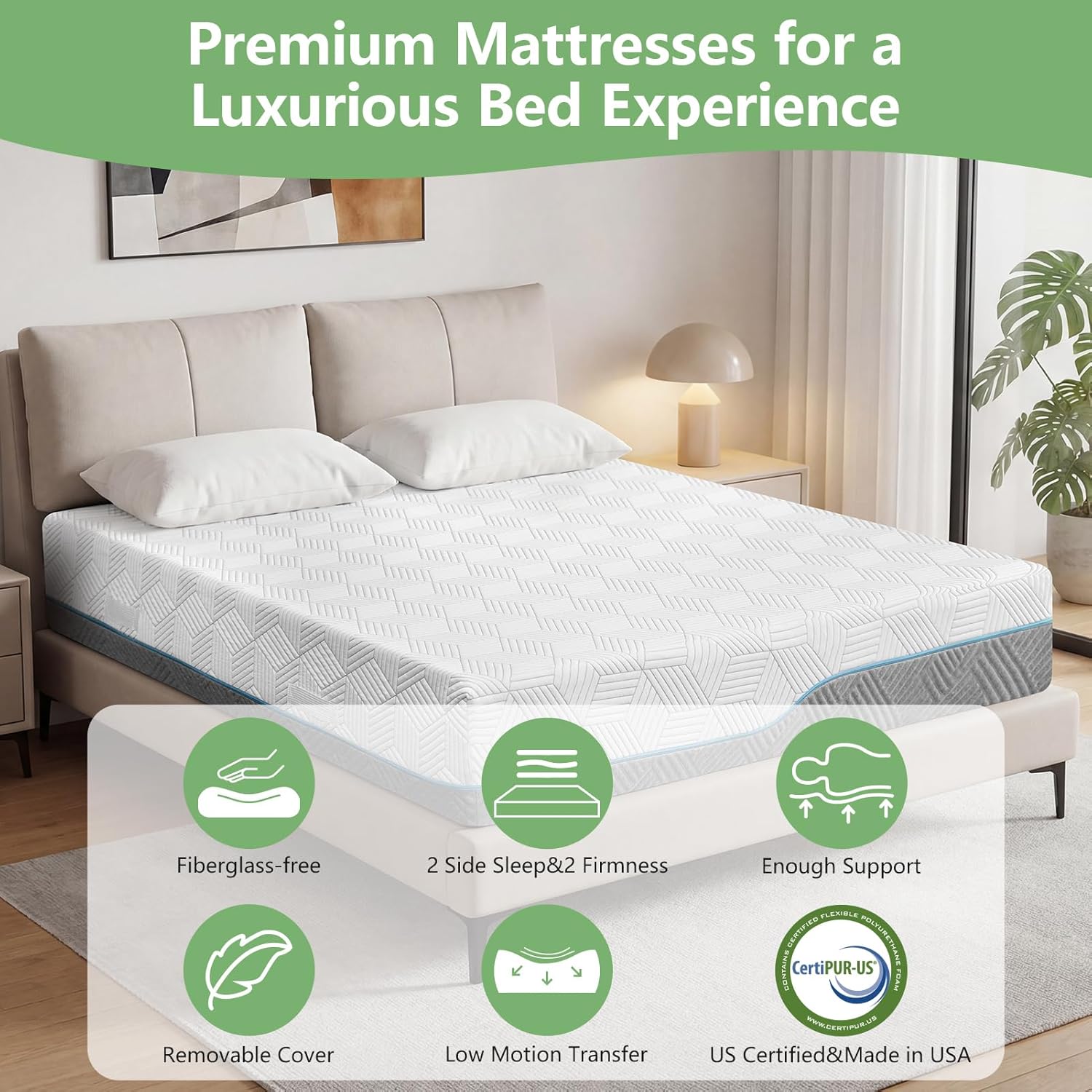 Extra Firm Mattress King 12 Inch with Cool Green Tea Gel, Premier Memory Foam Mattresses with Fiberglass-Free Cover, Medium Firm/Extra Firm High-density-Mattress for Back Pain,CertiPUR-US, 80''x76''