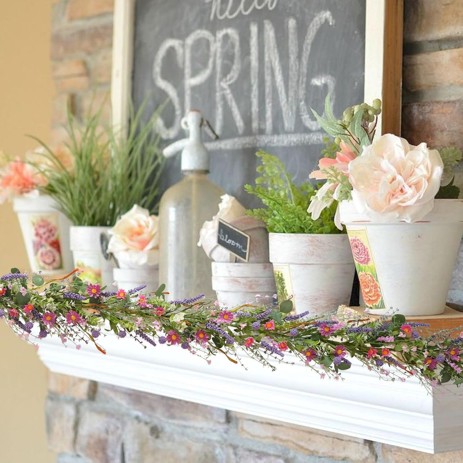 Bibelot 70inch/5.9Ft Spring/Summer Garland with Flowers, Artificial Fake Flower Greenery Garland with Daisies, Lavender for Baby Shower Wedding Mantle Party Table Centerpiece All Season Decor