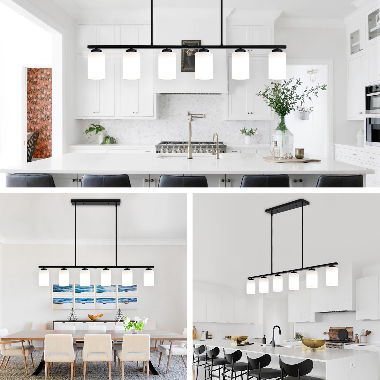 45.27'' Modern Farmhouse Kitchen Island Light, 6-Light Island Lights for Kitchen, Dining Room Light Fixture, Black Hanging Pendant Light with Milk Glass Shade, Linear Chandelier with Adjustable Rod