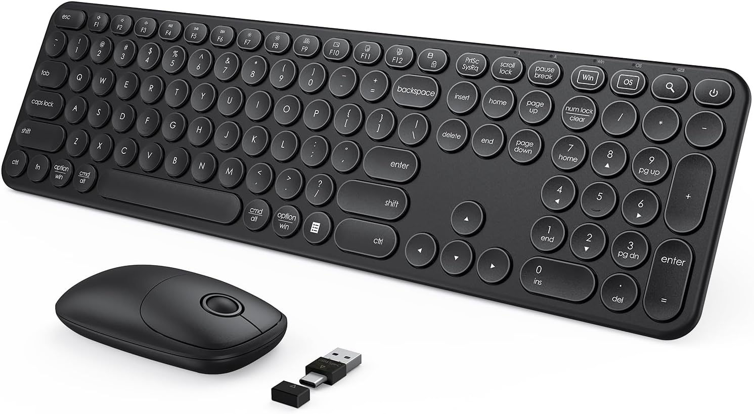 seenda Wireless Keyboard and Mouse, USB & Type C 2-in-1 Receiver, SK73-3 Full Size Black Wireless Keyboard Mouse Combo, Compatible for Windows, MacBook Pro/Air, Laptop, Desktop, PC - Black