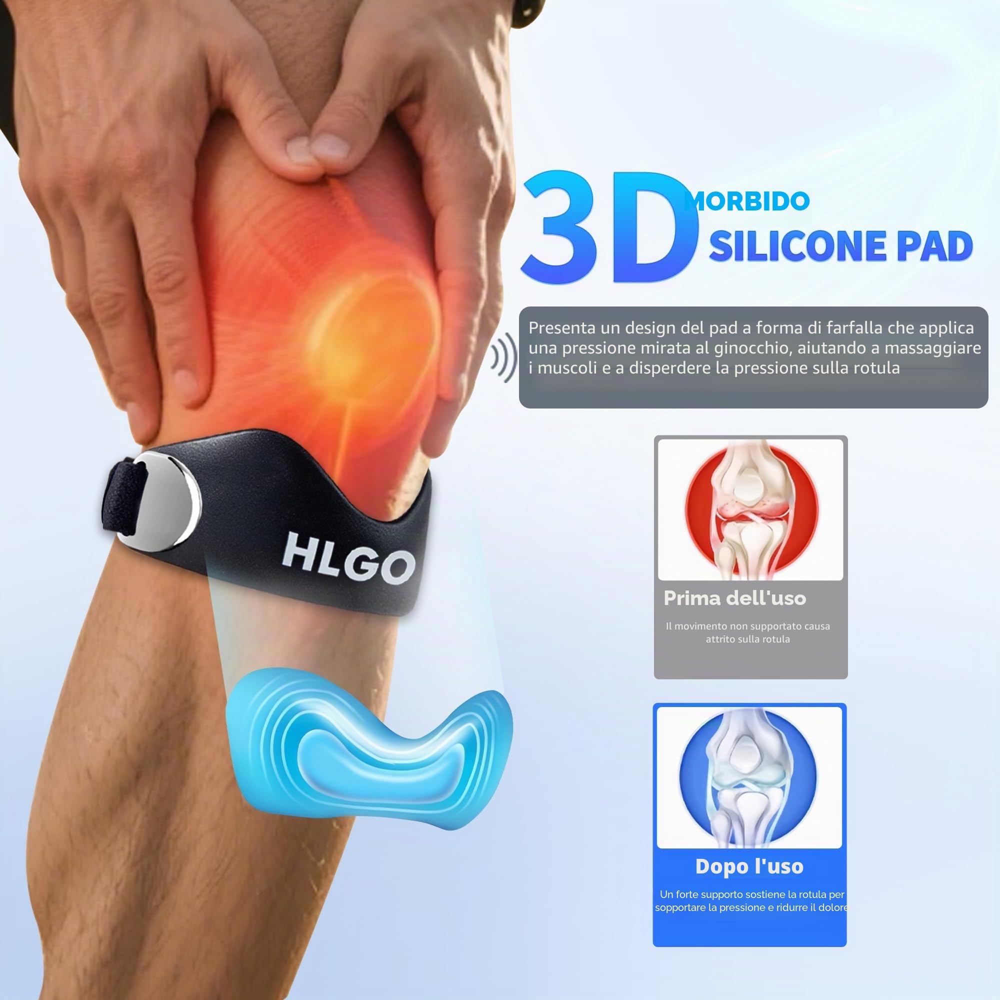 HLGO Fascia Ginocchio Tendine Rotuleo Regolabile Silicone - Supporto per Ginocchio del Saltatore, Tendinite, Osgood Schlatter - Corsa, Sport, Dolore Articolare
