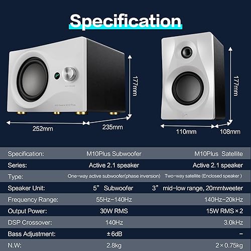 Miniatura 9 de HiVi-Swans M10 Plus - Altavoz blanco para estantería, altavoces de computadora alimentados por Bluetooth con subwoofer 2.1, sistema estéreo de