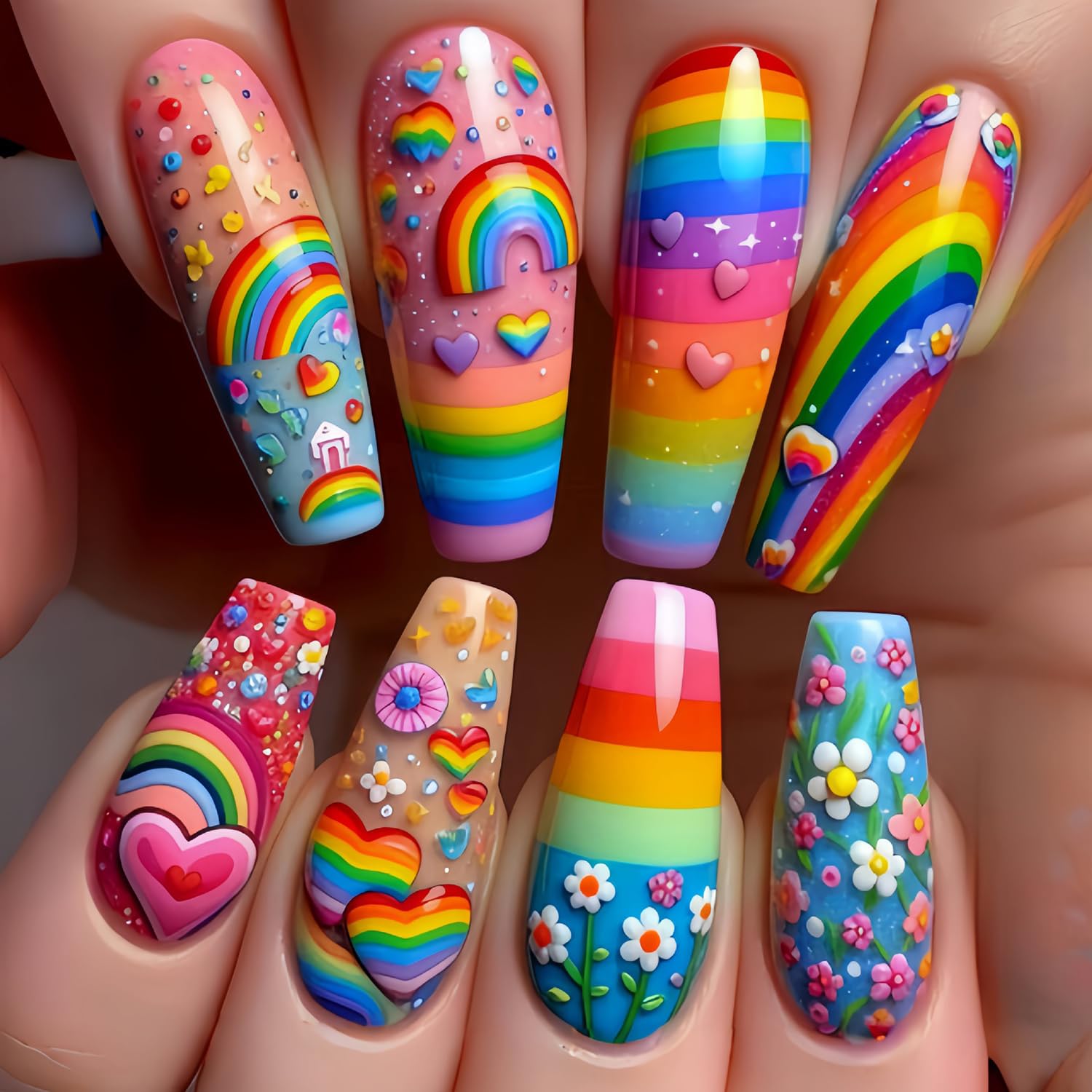 Rainbow Stripes Press on Nails Long Length Flower Love Heart Stripes Pattern Design Ballet Shaped Press Ons Stick on Nail Spring Summer False Nail