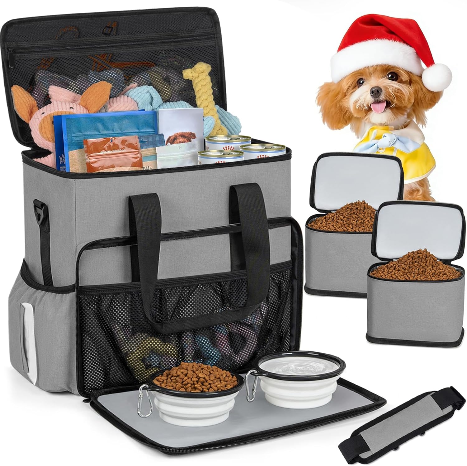 Large Dog Travel Bag with Food Containers & Collapsible Bowls for Road Trips