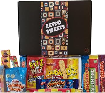 Retro Sweets Gift Box Ultimate Sweet Hamper. Packed in a fun Retro Design Box with Nostalgic and Popular British Sweets Gift Hamper for Adults and Kids (Medium, Black & Multicolour Retro Design)