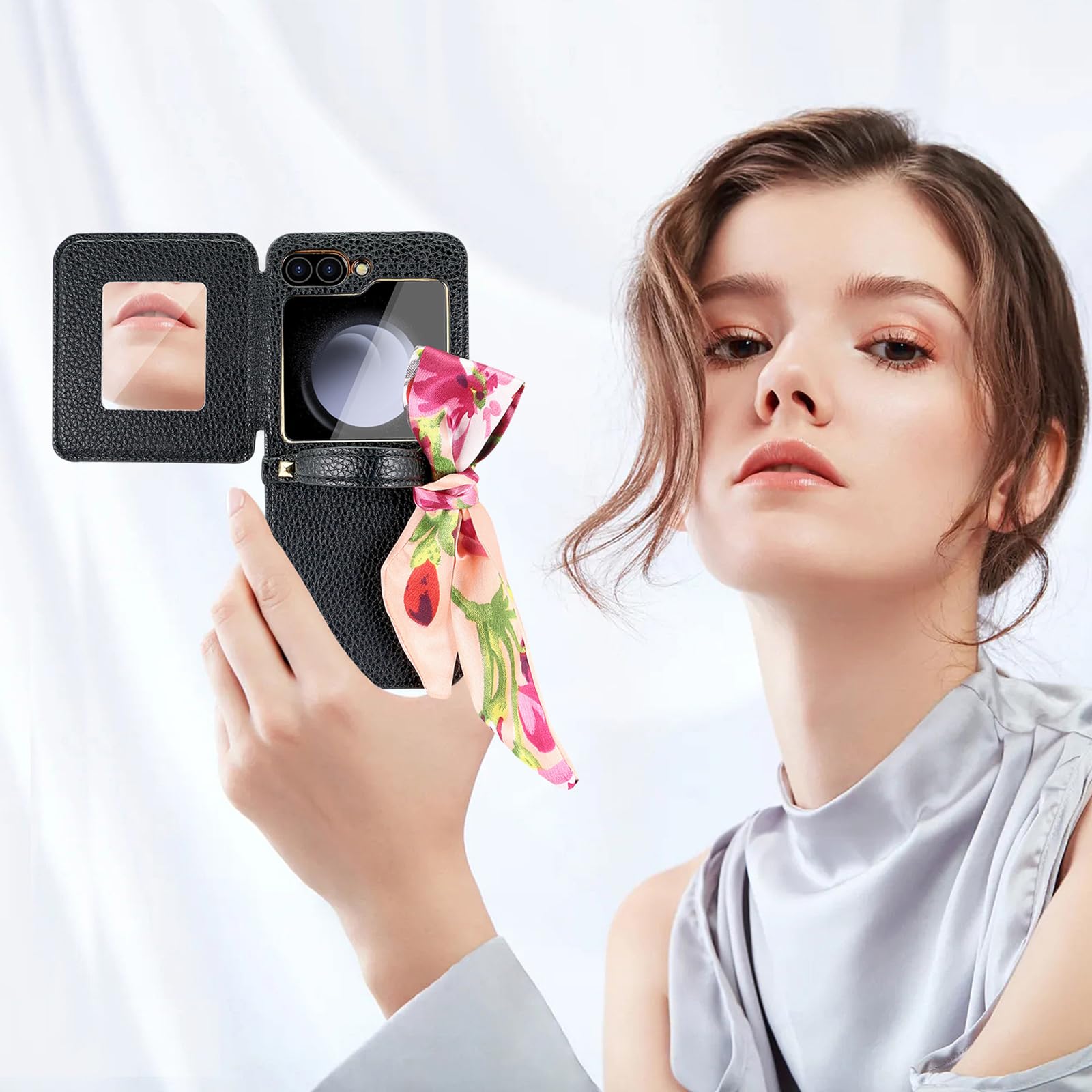 Smukłe etui do Samsung Galaxy Z Flip 6, luksusowa platerowana ramka moda odporne na upadki skórzane etui z klapką lusterko do makijażu, dla kobiet, brązowe