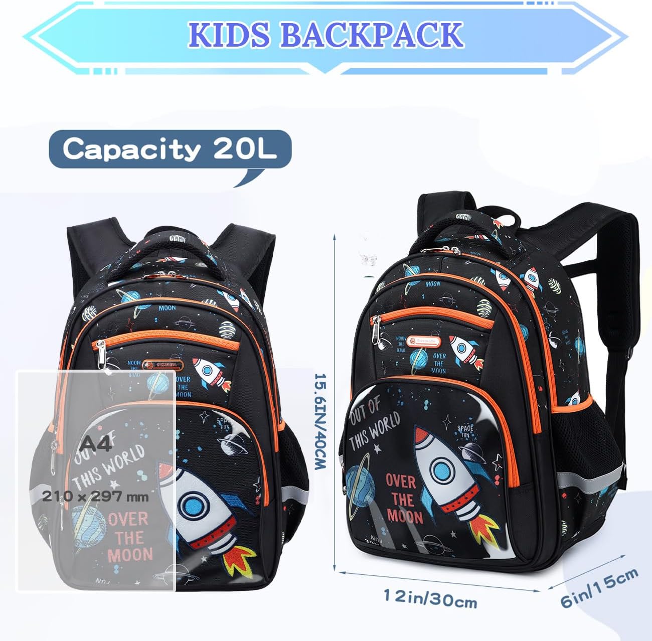 Cusangel Kids Backpack for Boys, Clear Pocket with Badge-Decorated Stationery Collection Elementary Kindergarten School Black Space Bookbag 15.5 in Multifunctional Cute Large Capacity - Image 4